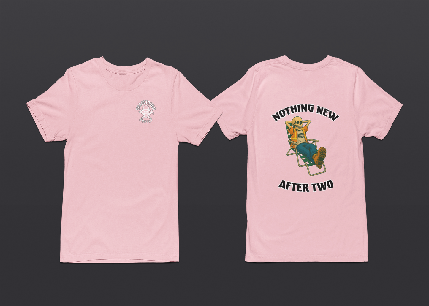 Short-sleeve shirt with lounging skeleton art and a clear message for end-of-day vibes

