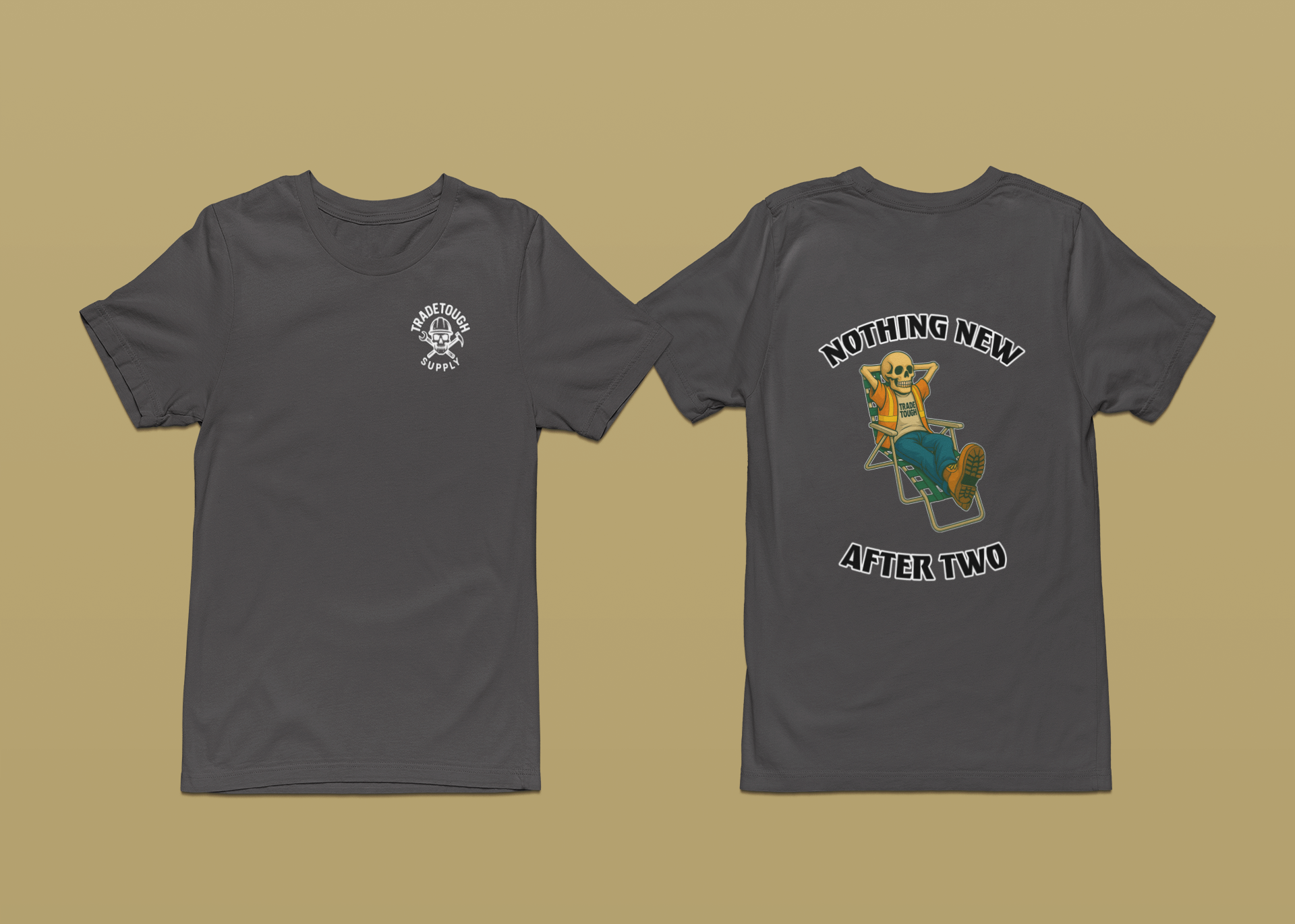 Humorous and relatable back print made for tradesmen with zero energy left after 2 PM

