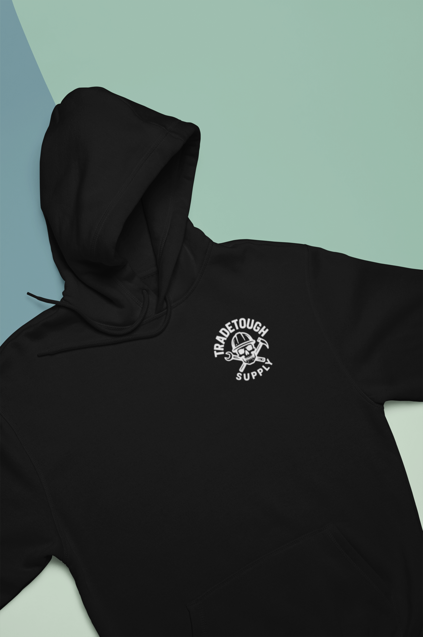 Hoodie shown fully laid out to highlight front logo and pouch pocket

