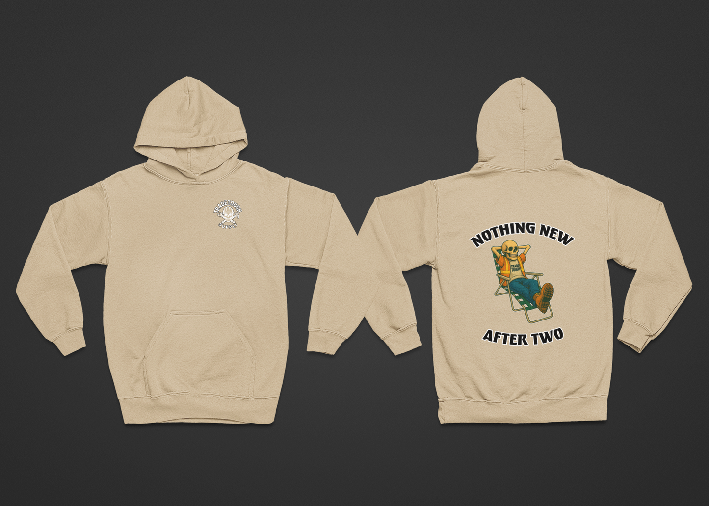 Front and back flat lay of hoodie featuring bold back graphic and TradeTough chest logo

