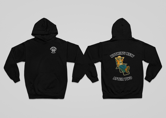 Back view of the hoodie showing a lounging skeleton with “Nothing New After Two” slogan

