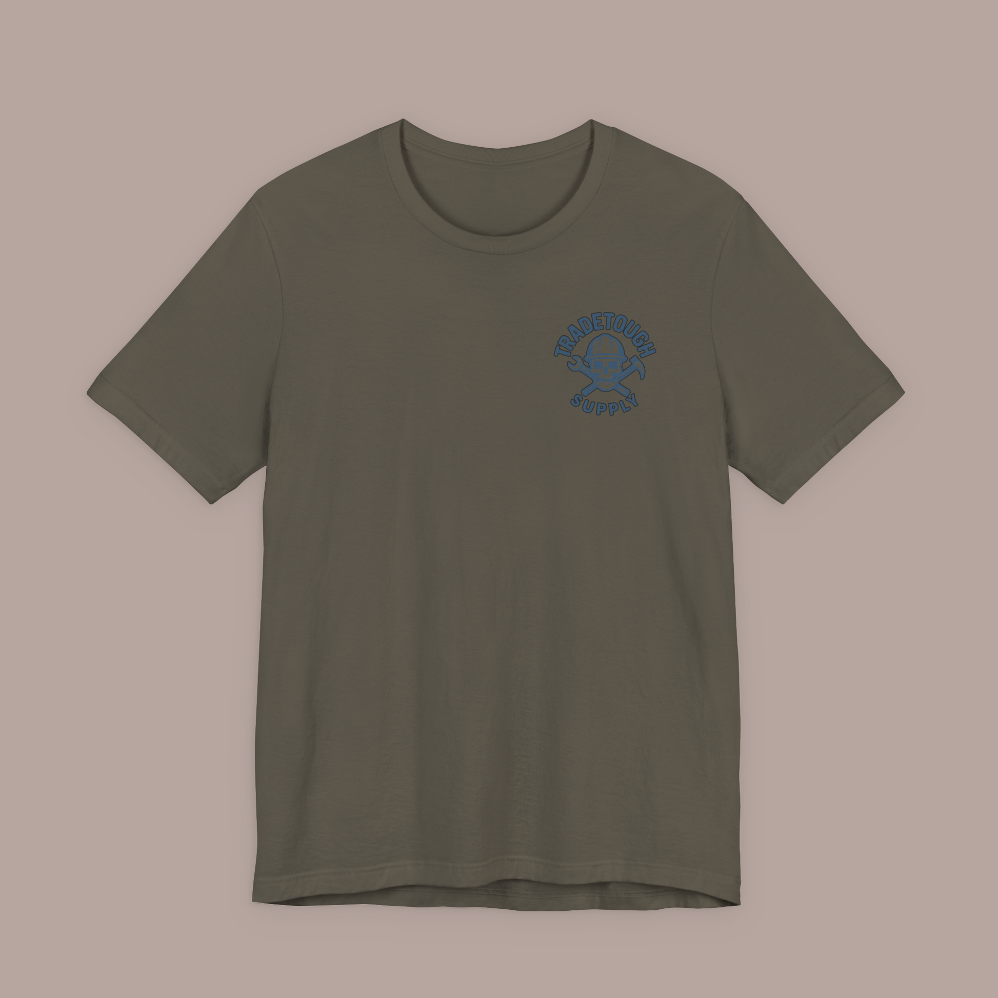 Army green Insulator T-shirt with TradeTough Supply logo on left chest in Industrial Blue, tough cotton blend with classic fit for all-day wear.