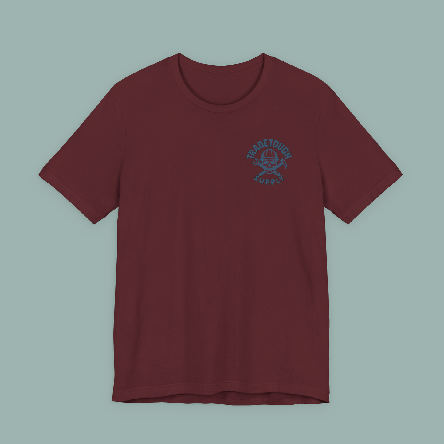 Maroon Insulator T-shirt with TradeTough Supply chest logo in Industrial Blue, vintage-inspired print on soft cotton blend fabric for a tough yet comfortable fit.