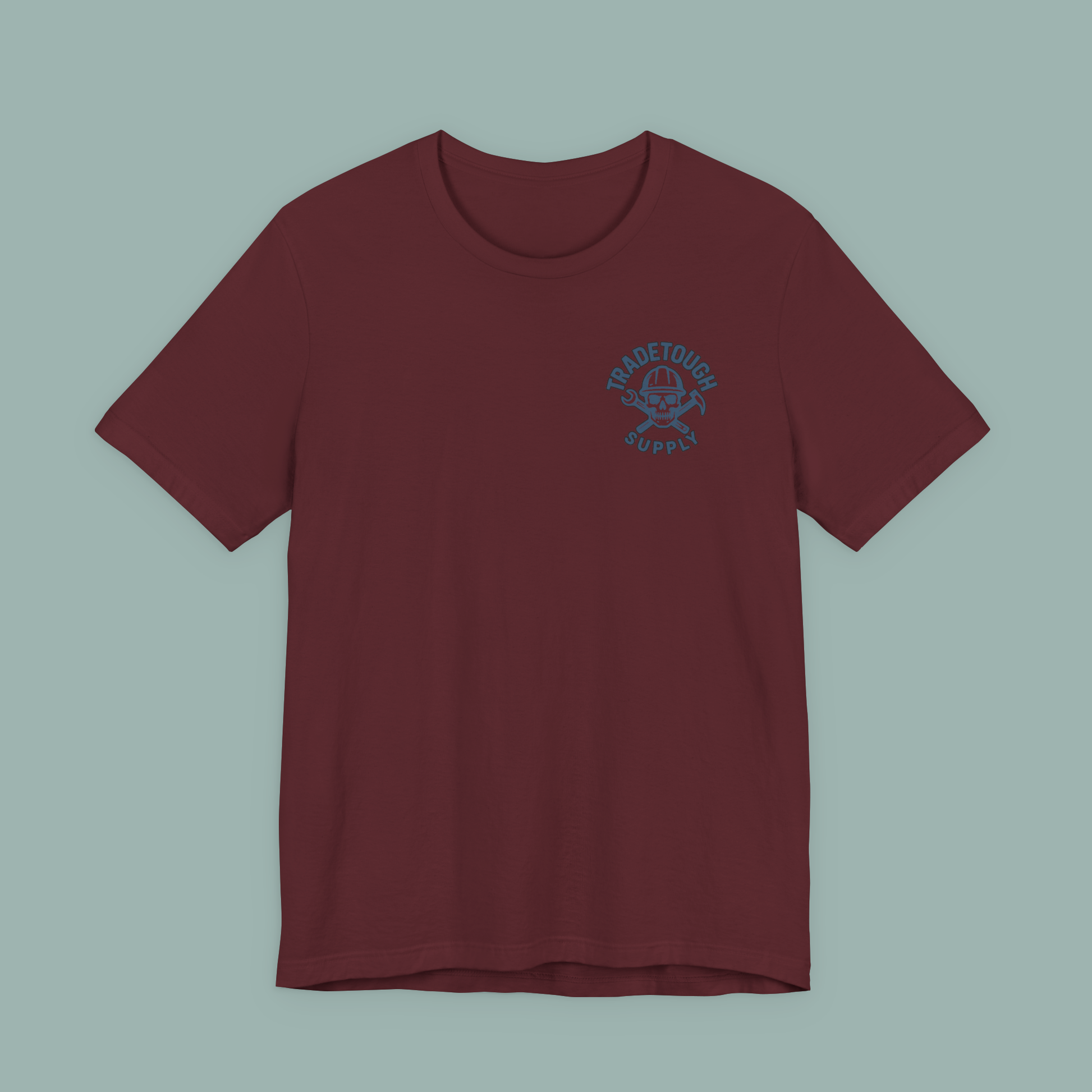 Maroon Insulator T-shirt with TradeTough Supply chest logo in Industrial Blue, vintage-inspired print on soft cotton blend fabric for a tough yet comfortable fit.