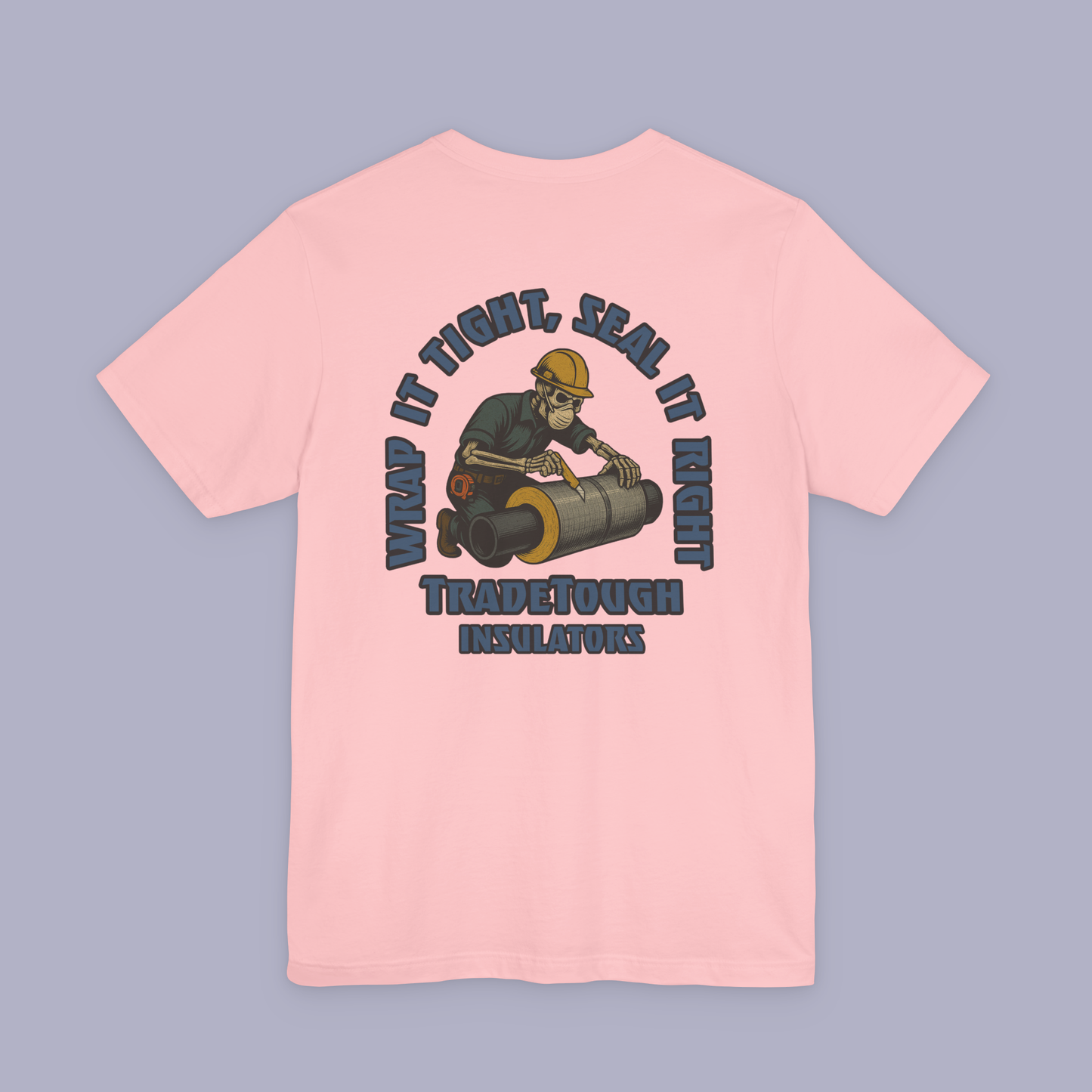 Pink Insulator T-shirt back graphic showcasing Industrial Blue slogan and skeleton insulation artwork, vintage gritty style for cladding and insulation trades.