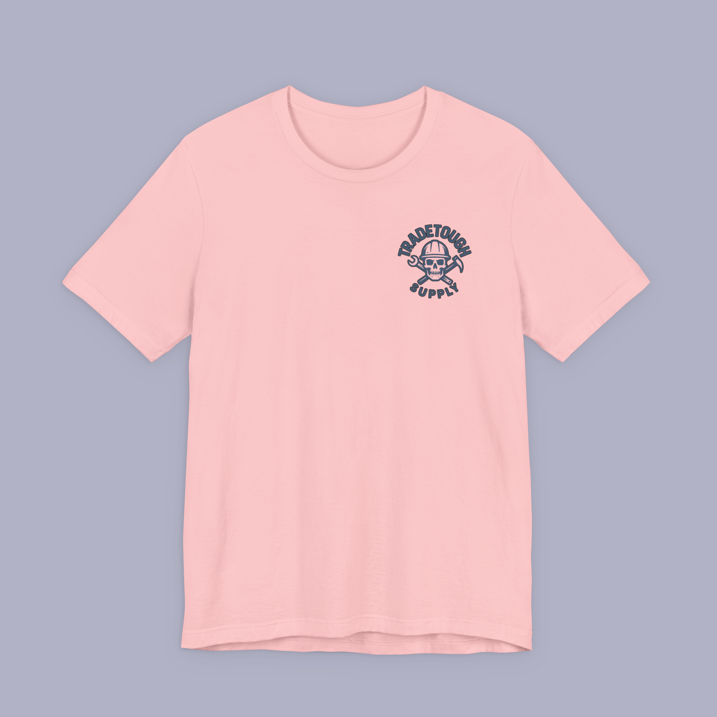 Pink Insulator T-shirt with TradeTough Supply chest logo in Industrial Blue, soft cotton blend with unisex cut for worksite comfort.