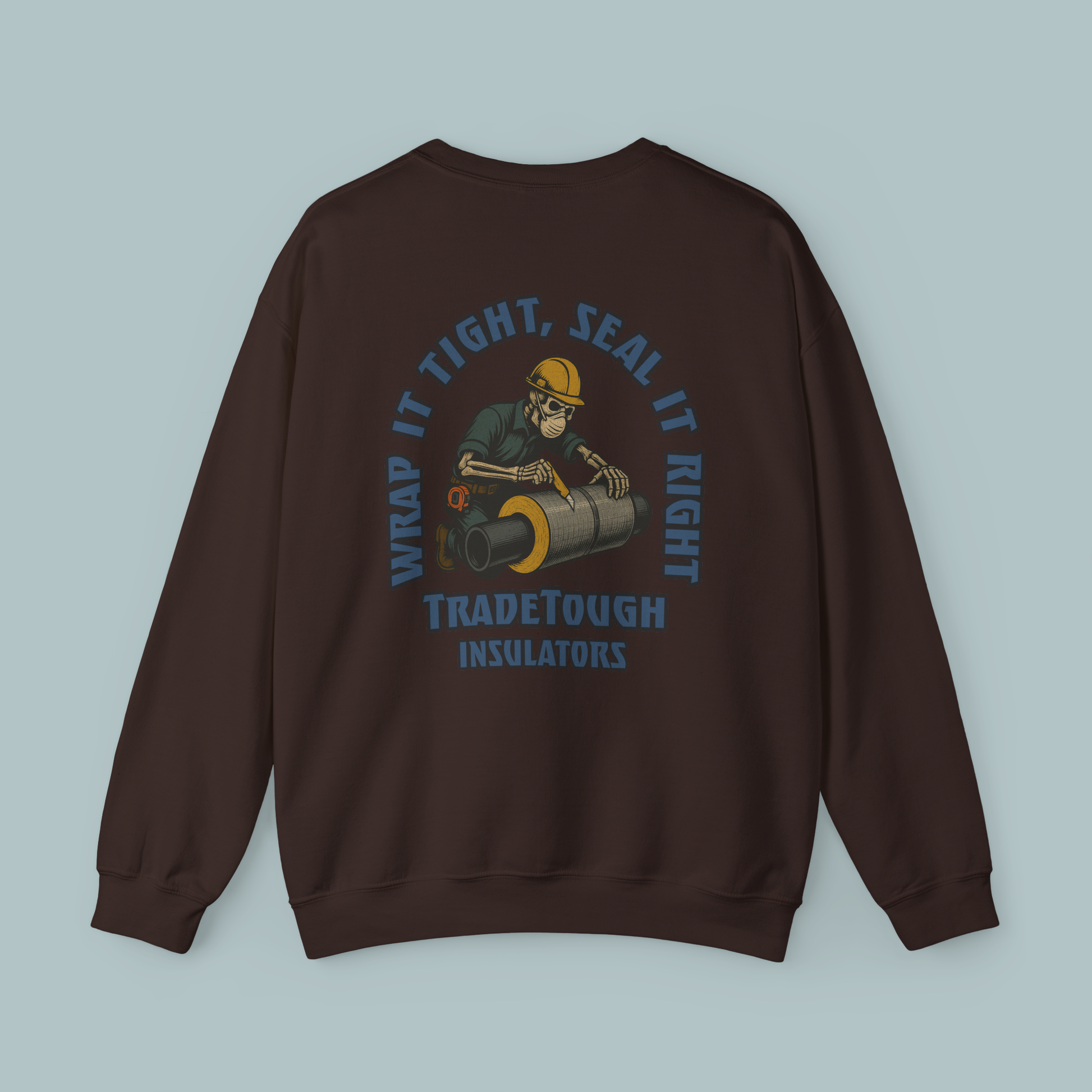 Dark Chocolate Insulator crewneck full back graphic featuring Industrial Blue slogan and skeleton insulation design.