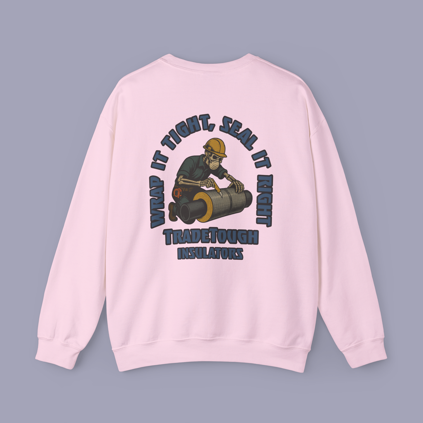 Light Pink Insulator crewneck full back graphic with Industrial Blue lettering and gritty skeleton insulation design.