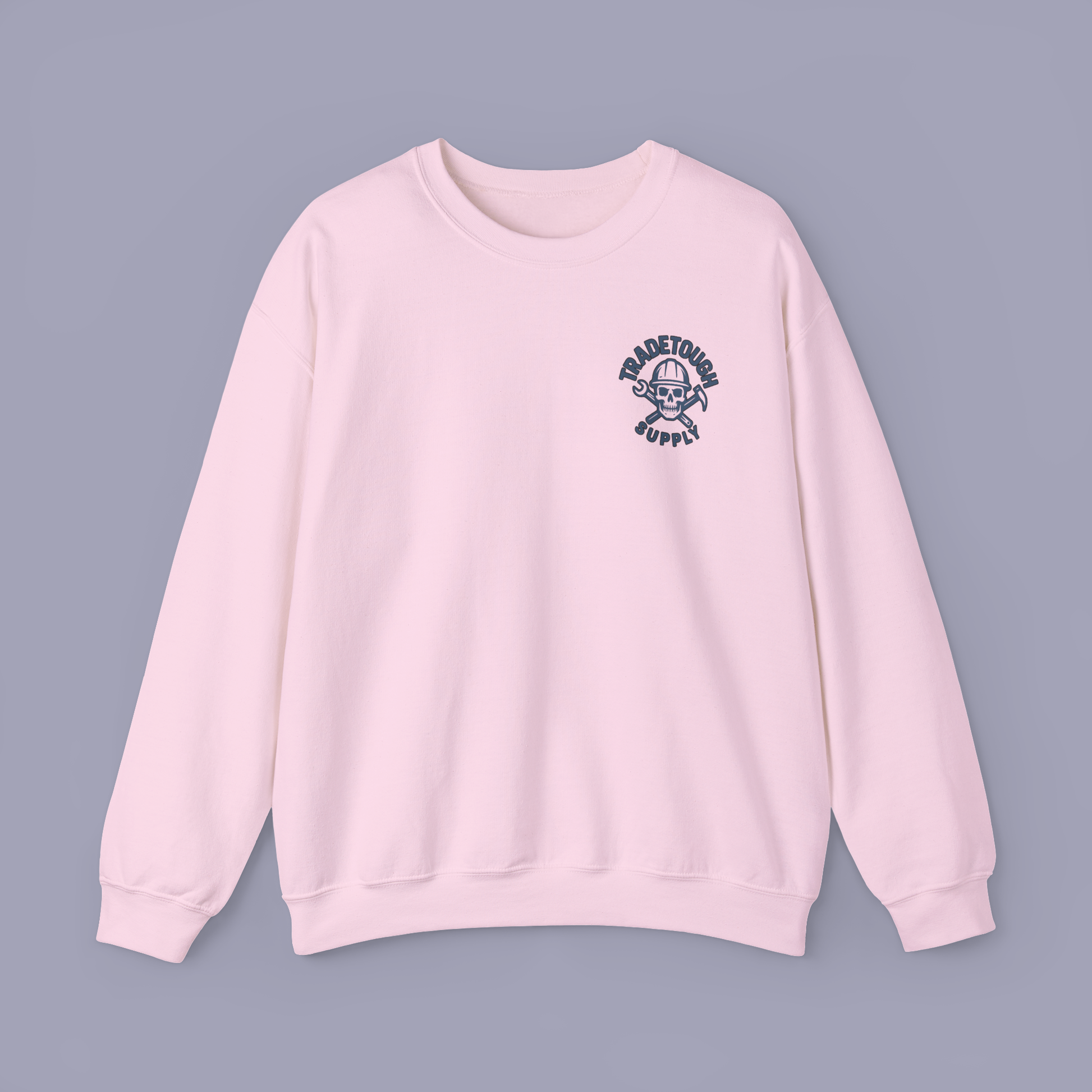Light Pink Insulator crewneck with TradeTough Supply chest logo in Industrial Blue, soft fleece and rugged print for tradesmen.