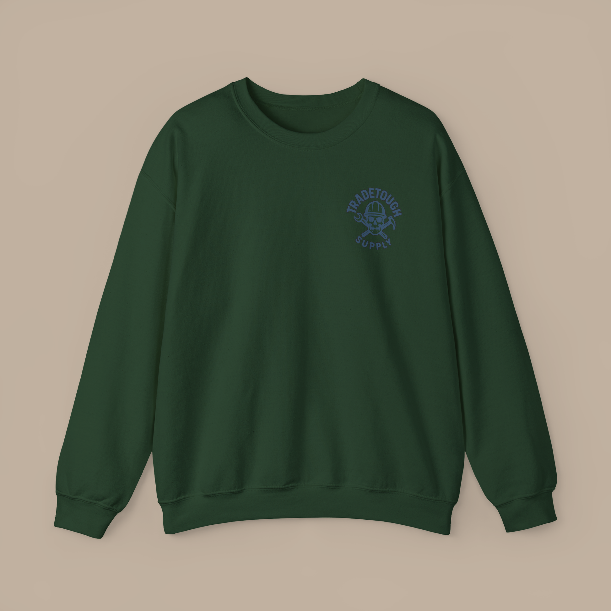 Forest Green Insulator crewneck sweatshirt with TradeTough Supply logo on left chest in Industrial Blue, built for tradesmen.