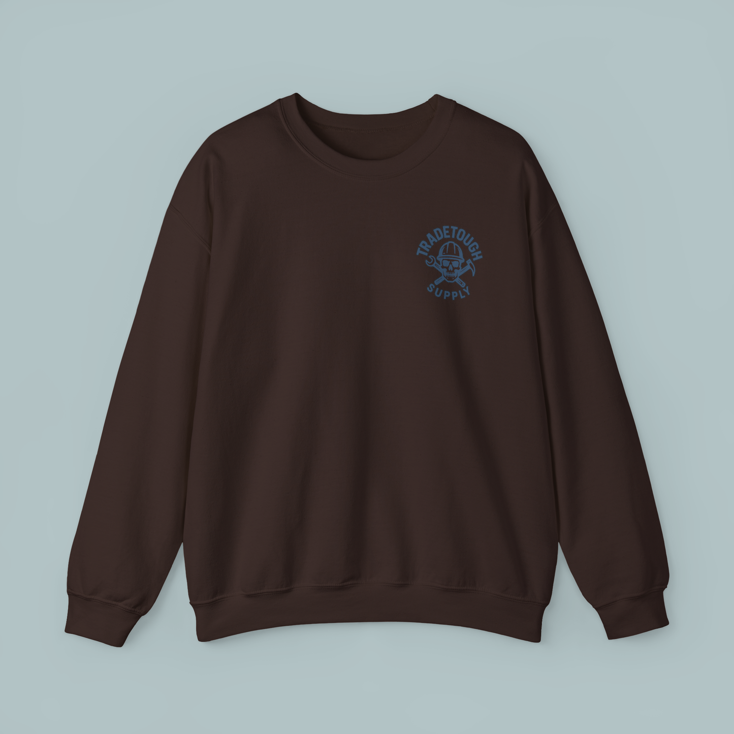 Dark Chocolate Insulator crewneck with TradeTough Supply chest logo in Industrial Blue, cozy fleece interior for jobsite warmth.