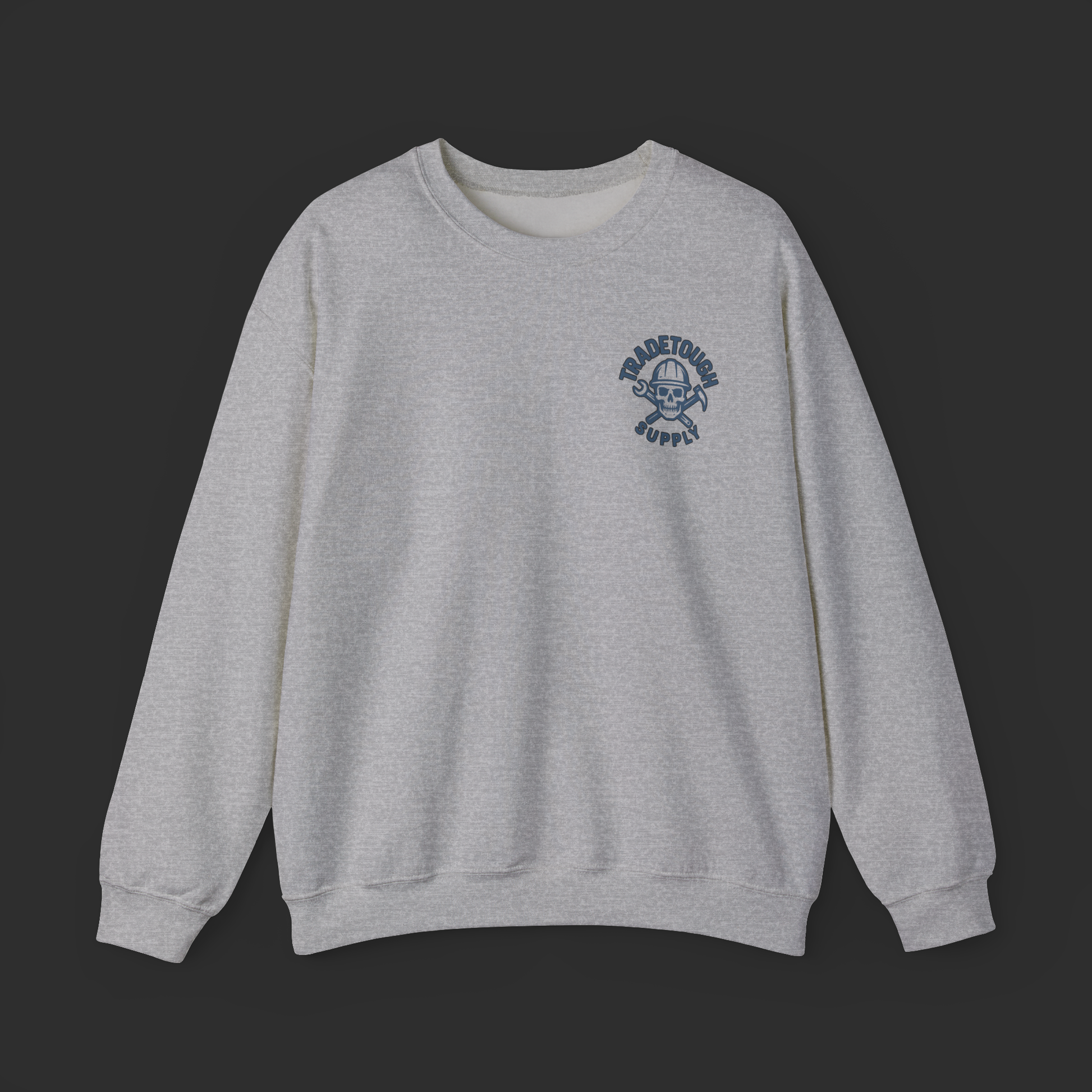 Sport Grey Insulator crewneck sweatshirt with TradeTough Supply chest logo in Industrial Blue, warm and durable workwear fit.