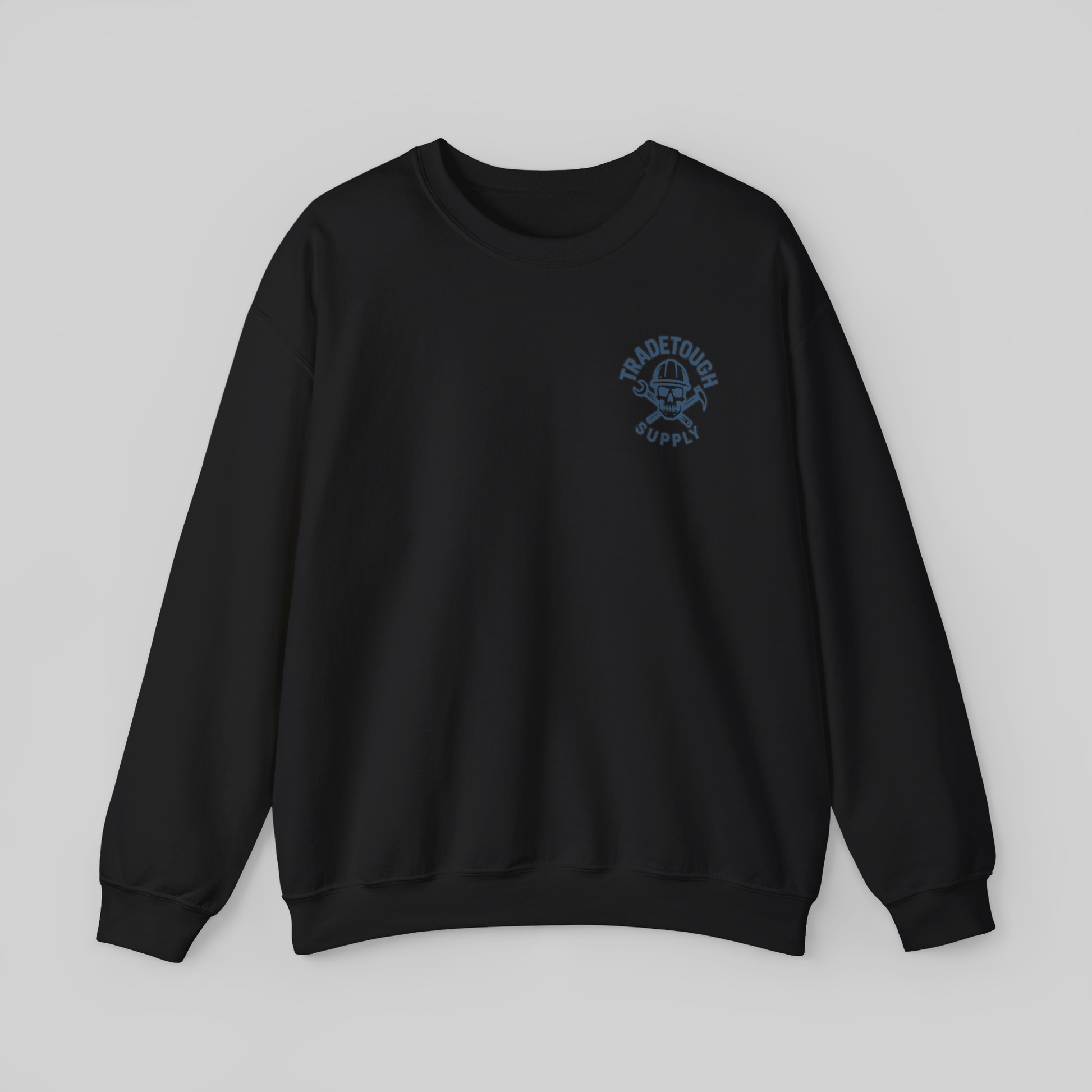 Black Insulator crewneck with TradeTough Supply chest logo in Industrial Blue, heavyweight workwear pullover built for tradesmen.