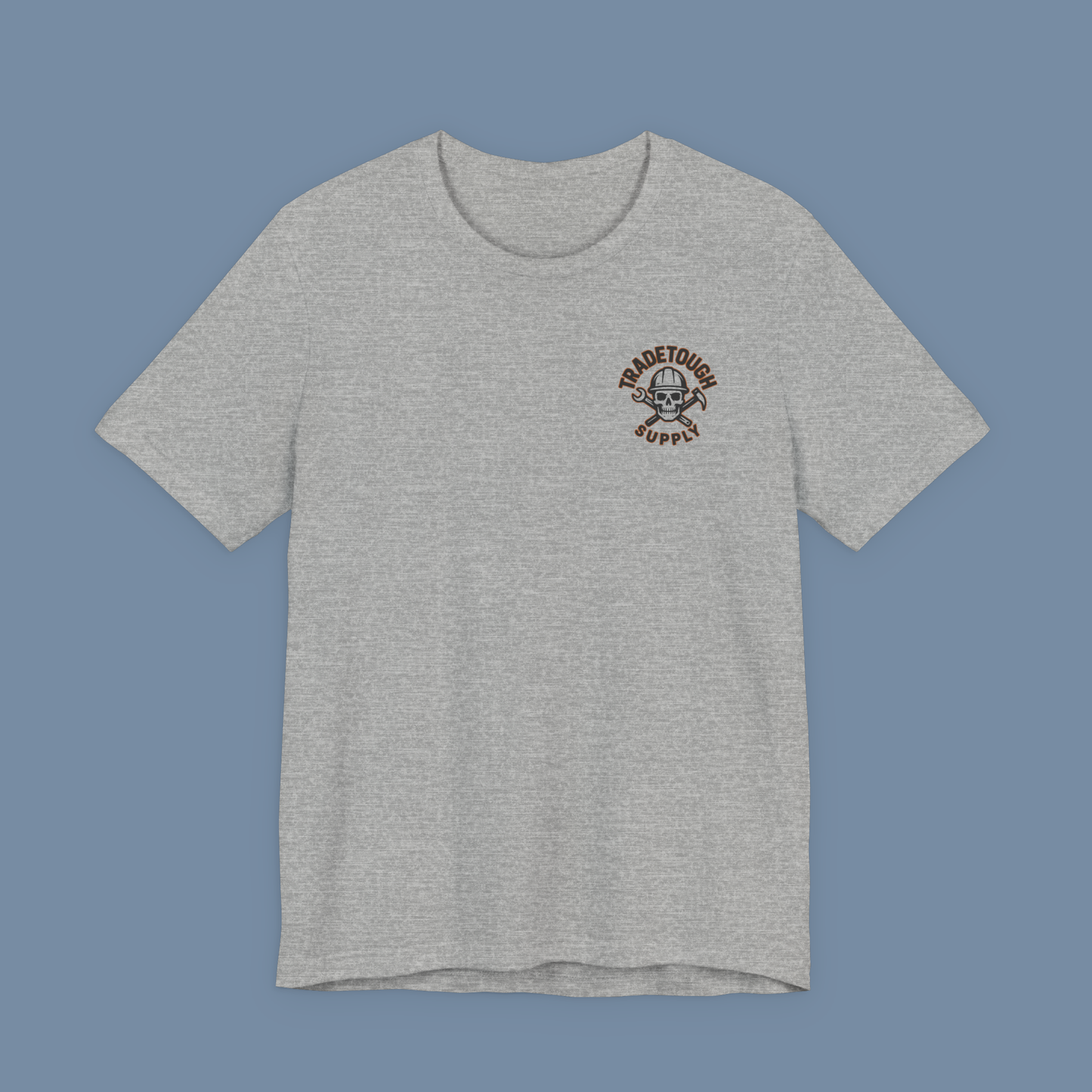 Athletic heather grey electrician t-shirt flat lay with TradeTough logo on front left chest