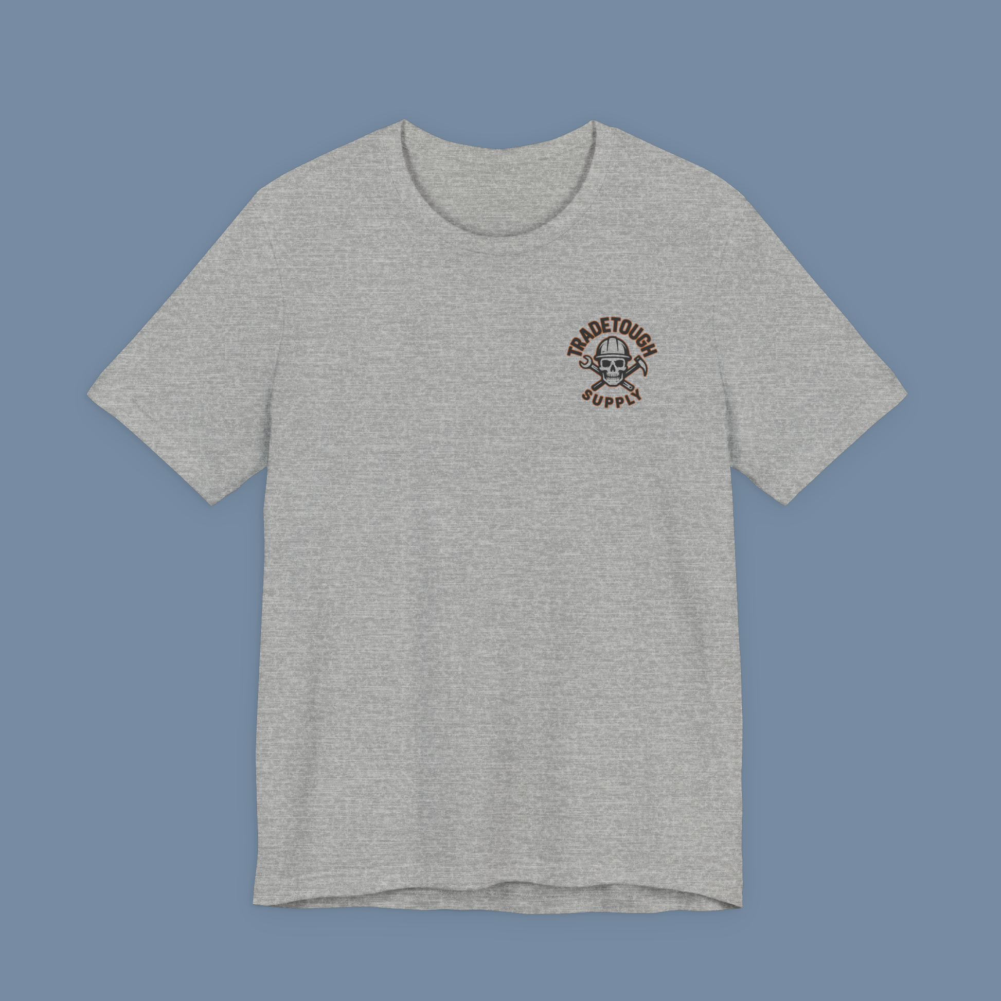Athletic heather grey electrician t-shirt flat lay with TradeTough logo on front left chest