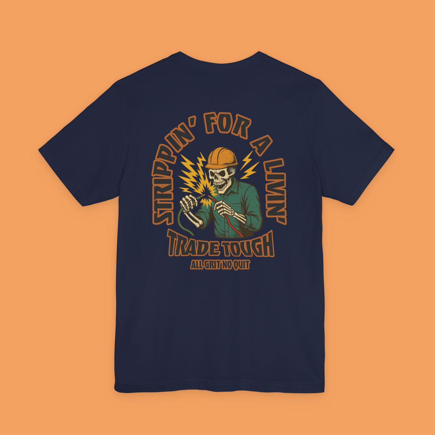 Gritty back design on navy t-shirt with skeleton electrician mid-wire strip