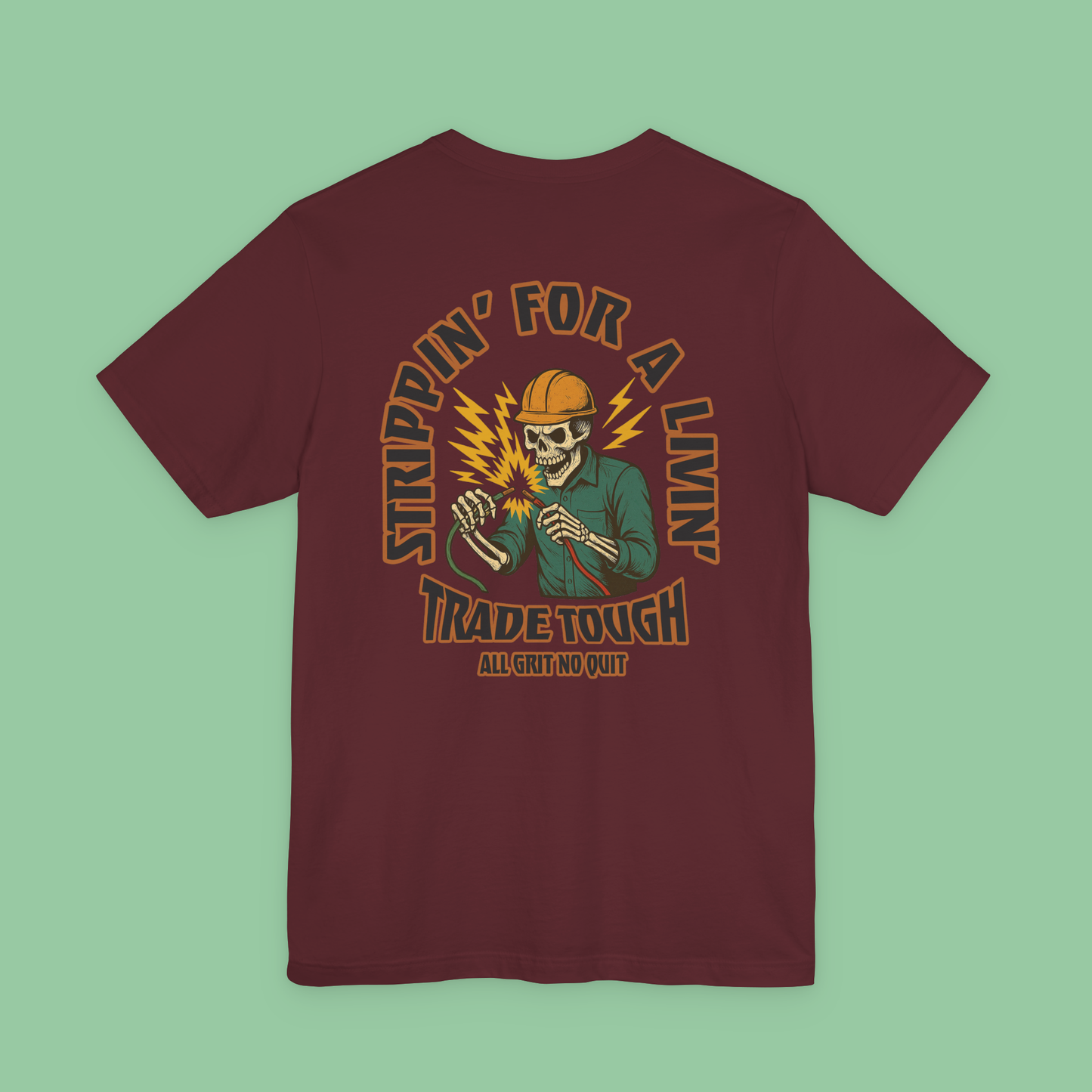 Bold back print on maroon electrician shirt featuring live wire action and orange lightning