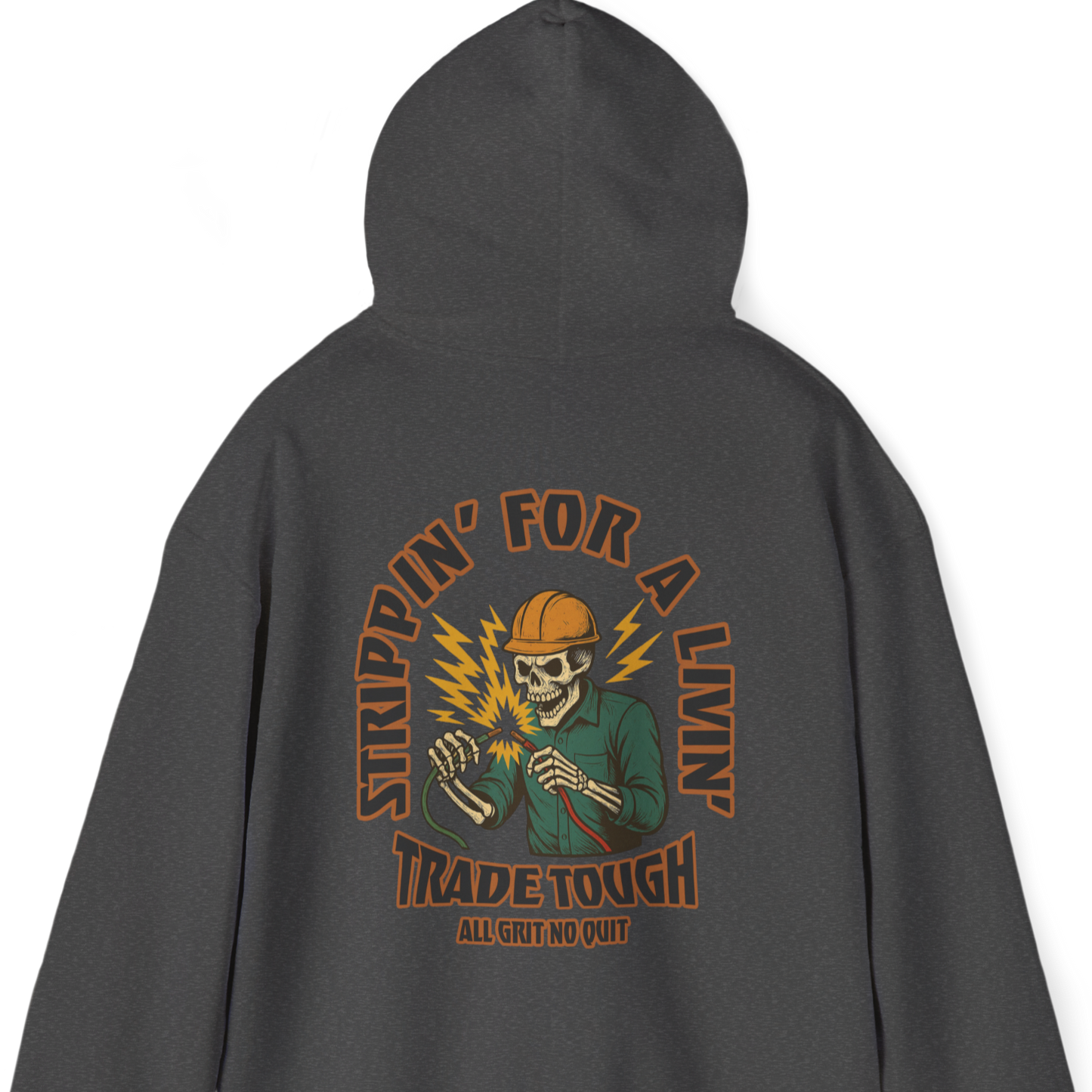 Graphic back print on dark heather hoodie featuring skeleton electrician gripping live wires