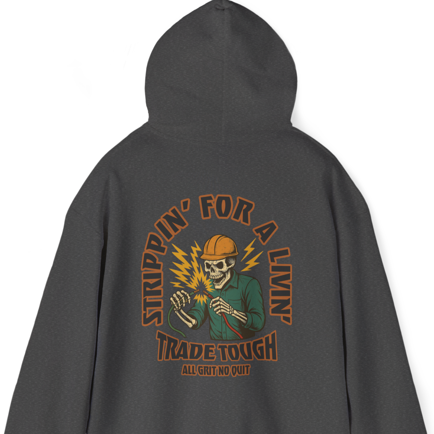 Graphic back print on dark heather hoodie featuring skeleton electrician gripping live wires