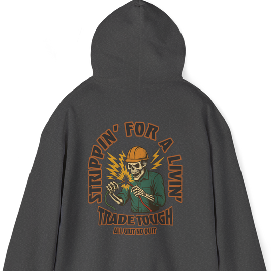 Graphic back print on dark heather hoodie featuring skeleton electrician gripping live wires