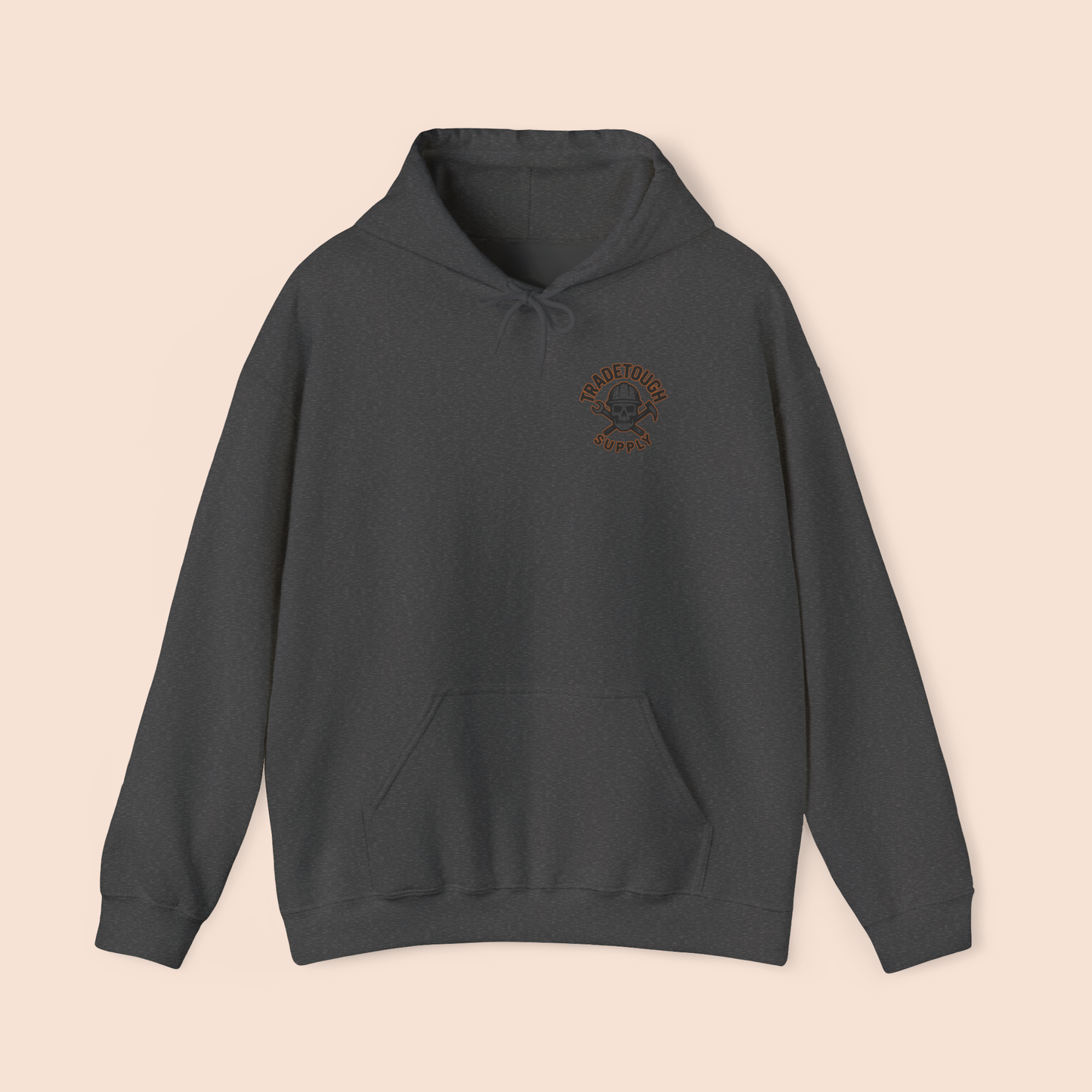 Front of dark heather hoodie with TradeTough Supply logo in lifestyle-ready view