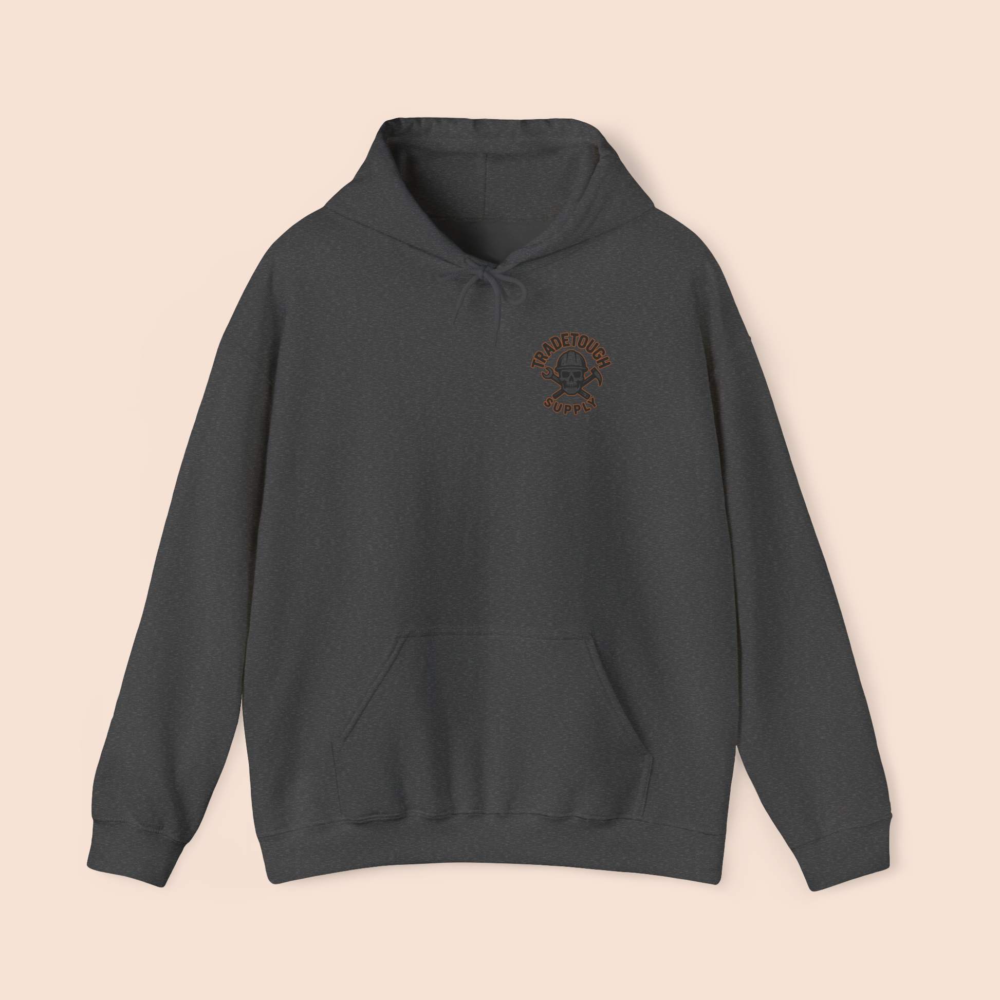 Front of dark heather hoodie with TradeTough Supply logo in lifestyle-ready view