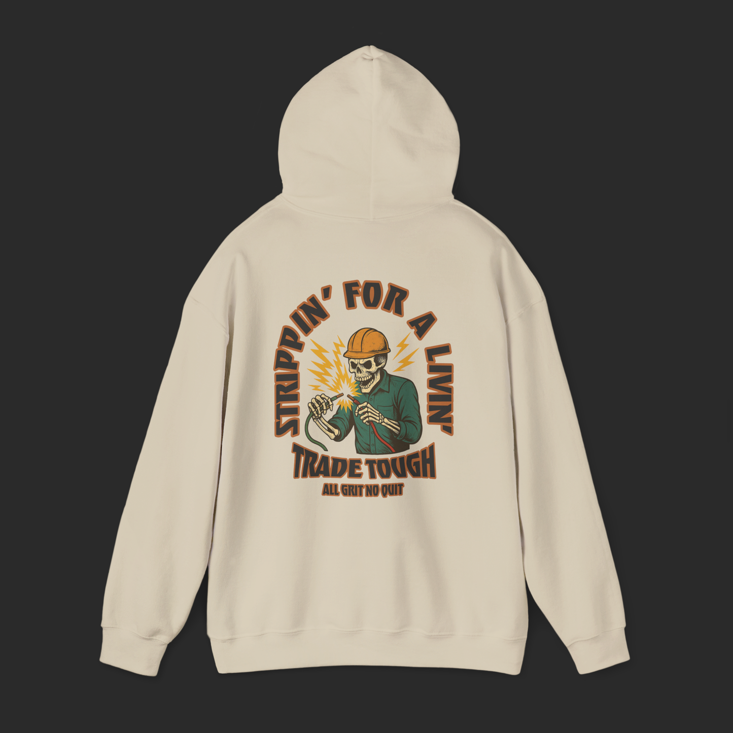 Back graphic on sand hoodie featuring skeleton electrician mid-zap with “Strippin’ for a Livin’”