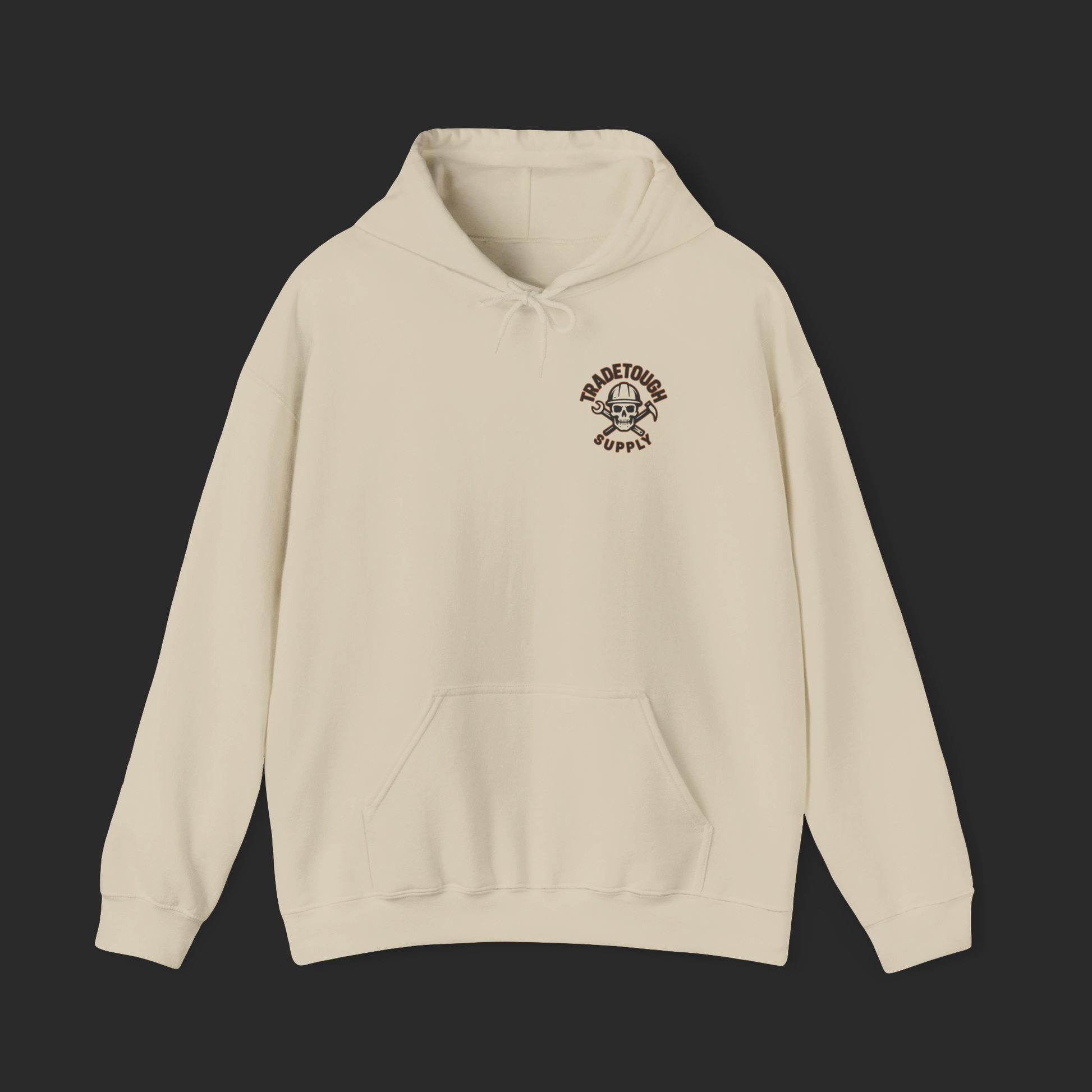 Sand-colored electrician hoodie with TradeTough logo on front left chest, flat lay