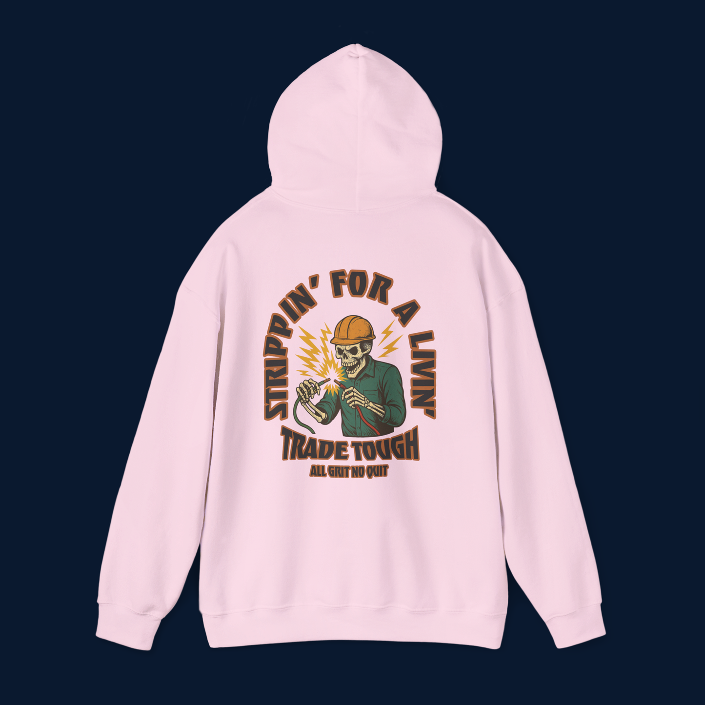 Striking back print on pink hoodie showing “Strippin’ for a Livin’” design with live wire zap
