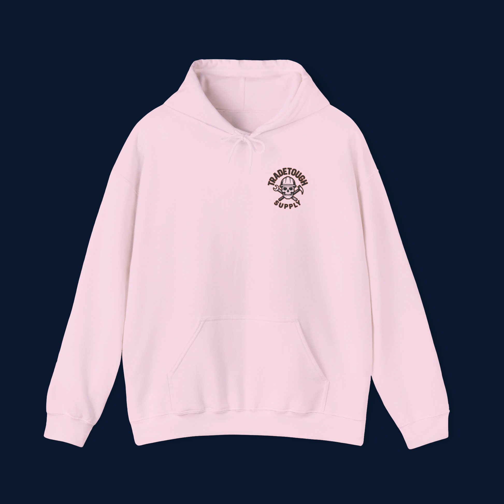 Flat lay front view of light pink electrician hoodie with left chest logo