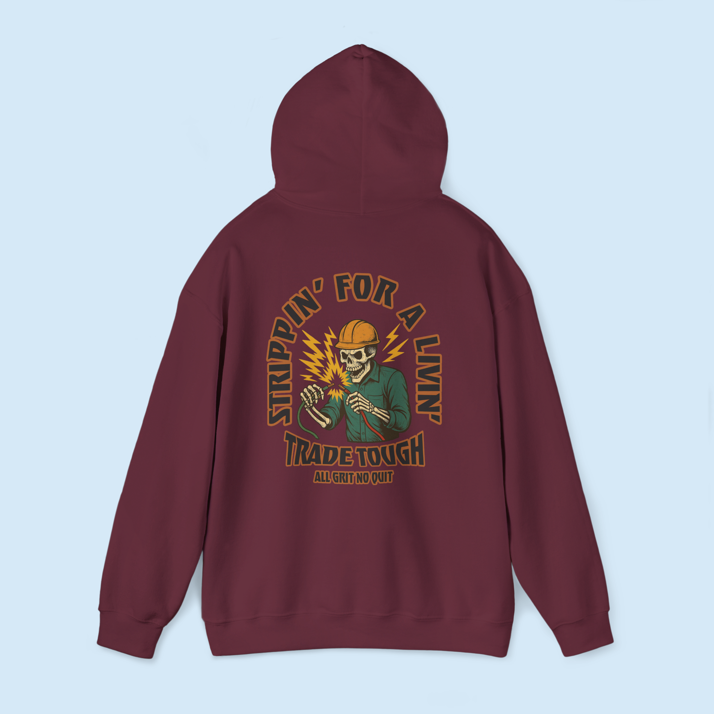 Bold back artwork on maroon electrician hoodie with sparks and wire details