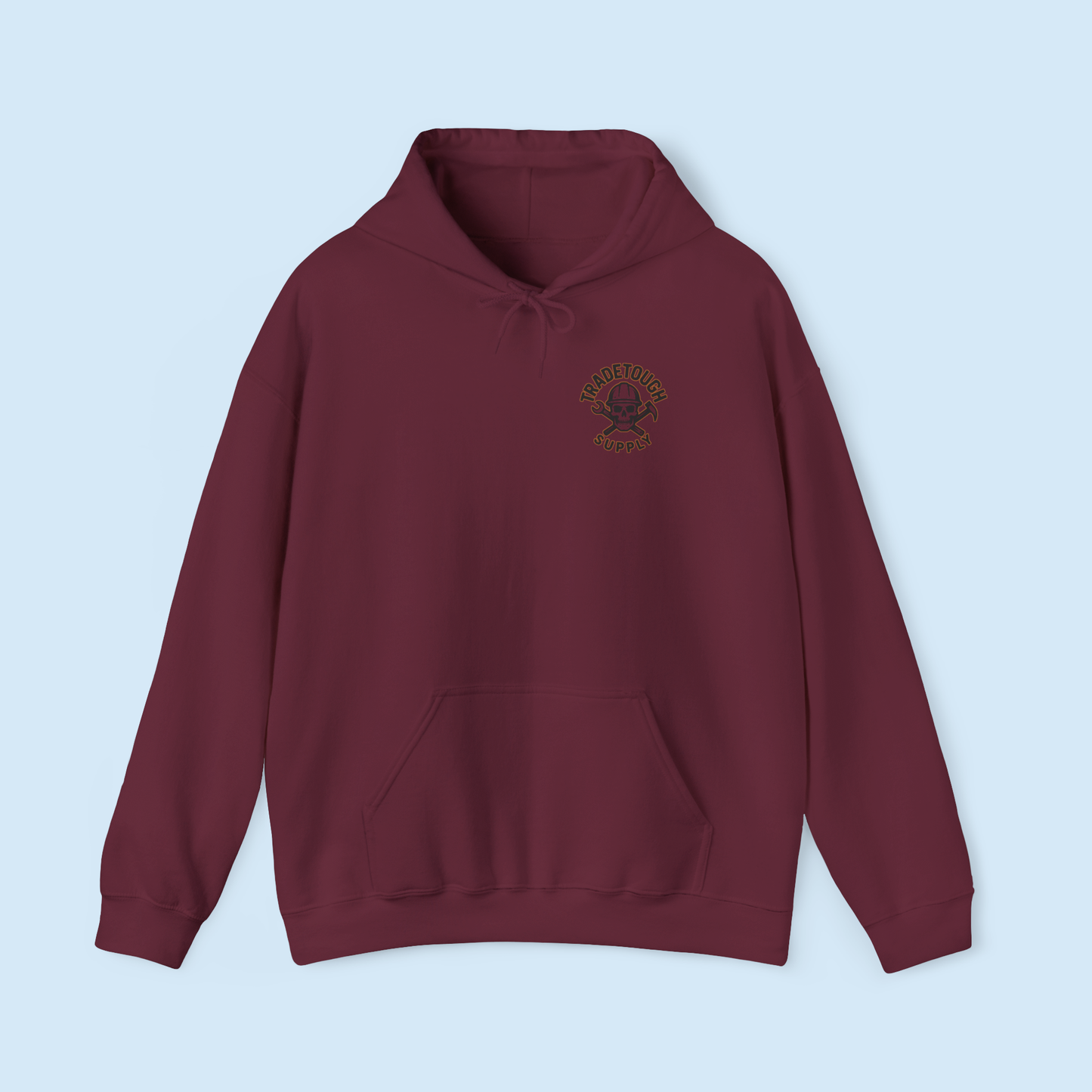 Maroon hoodie flat lay showing TradeTough logo and pullover fit