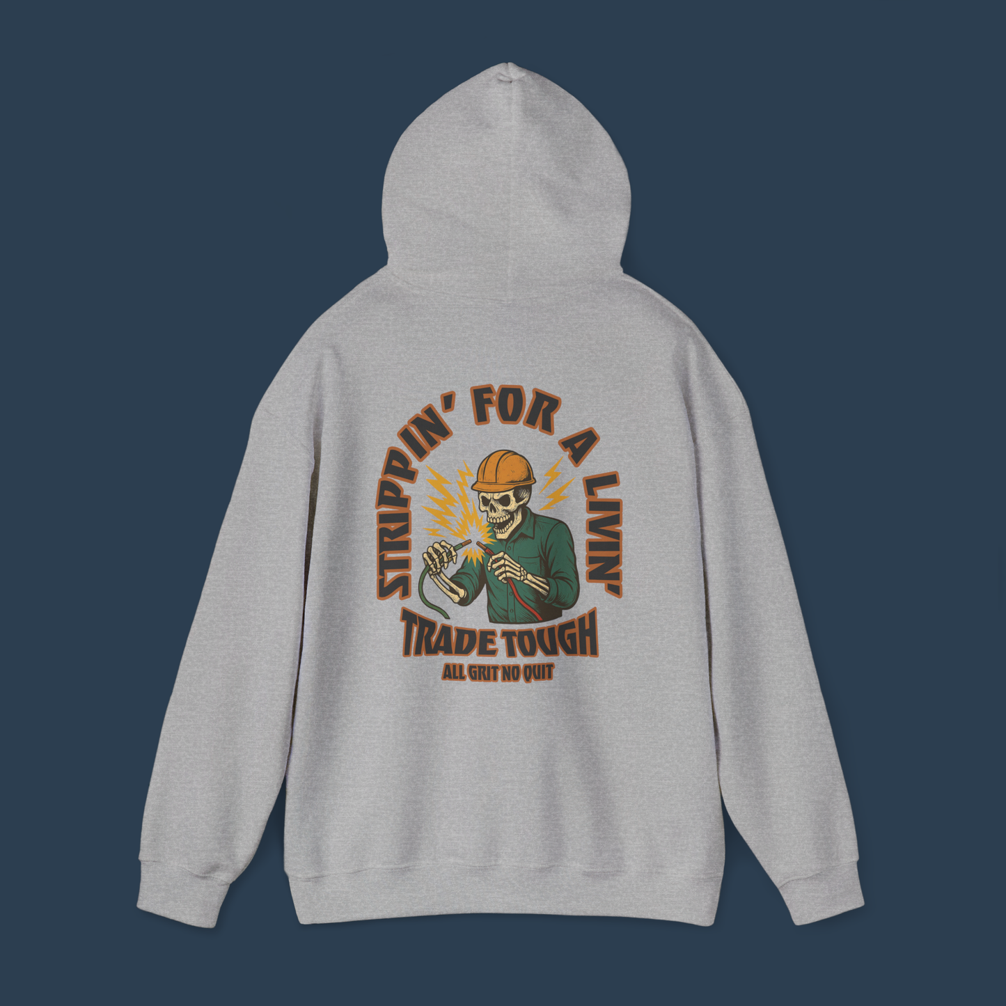 Gritty skeleton electrician graphic on the back of sport grey hoodie