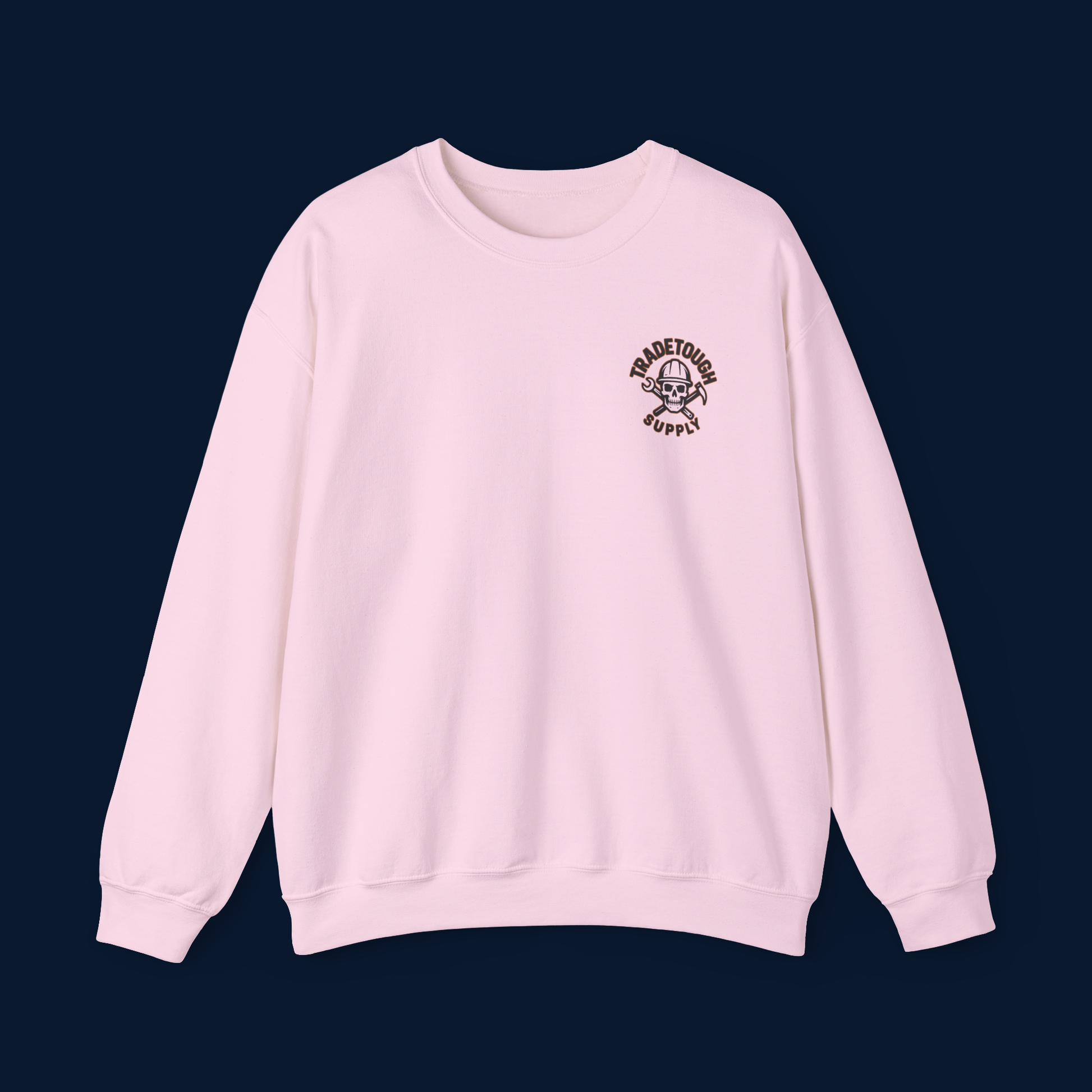 Soft pink crewneck front with TradeTough Supply logo in upper left