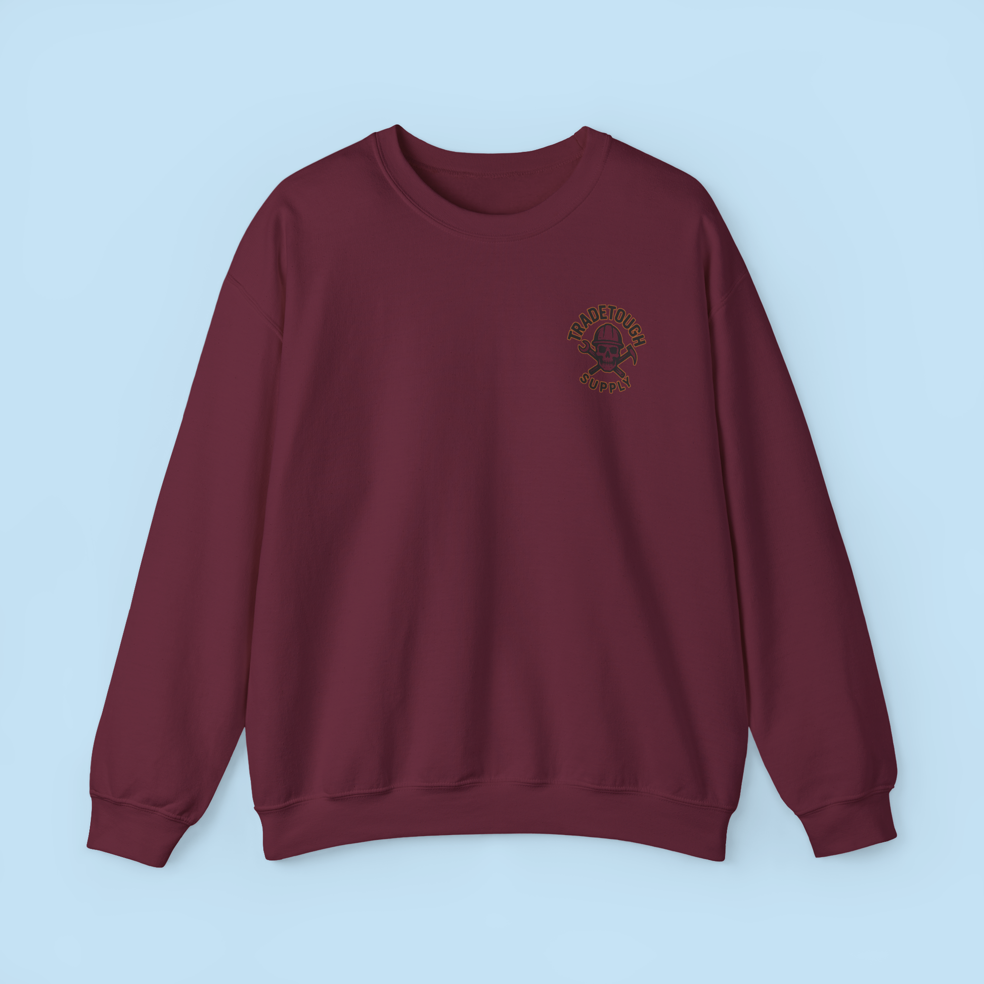 Maroon electrician crewneck featuring chest logo, laid flat