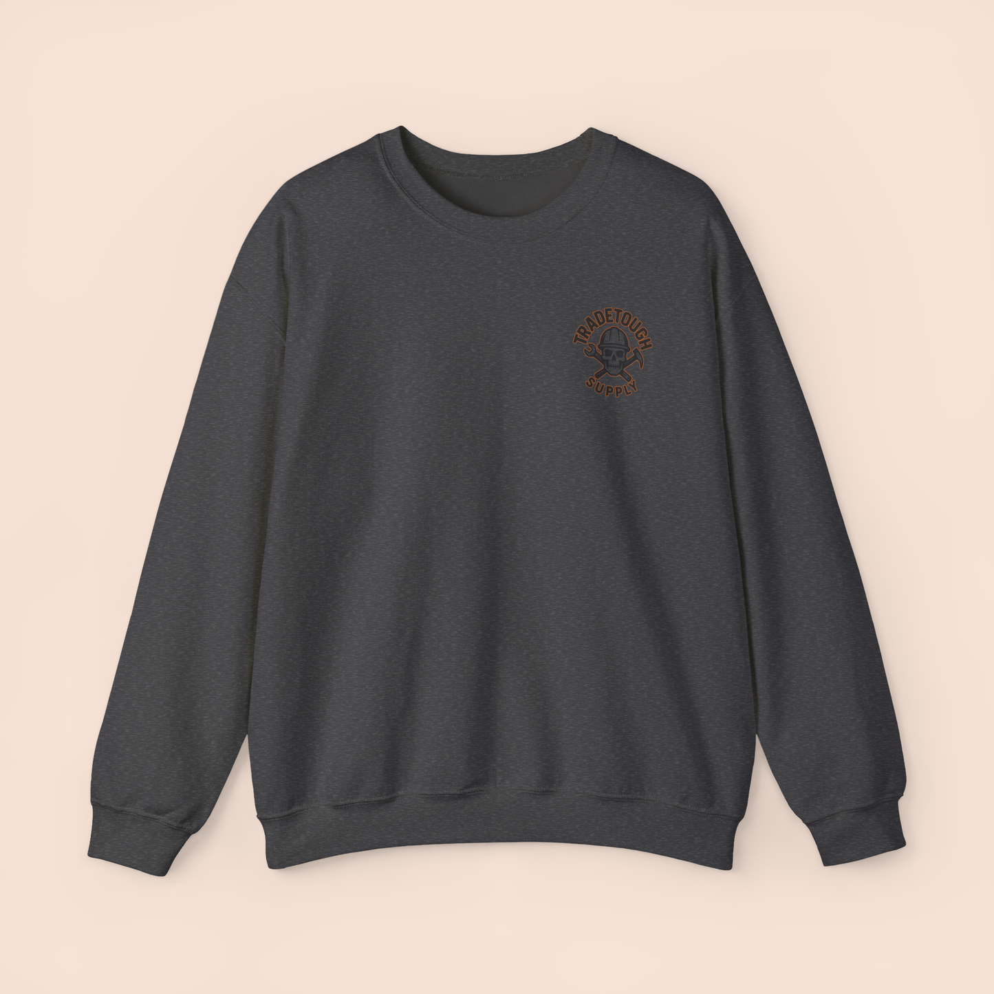 Front of dark heather crewneck sweatshirt with simple TradeTough branding