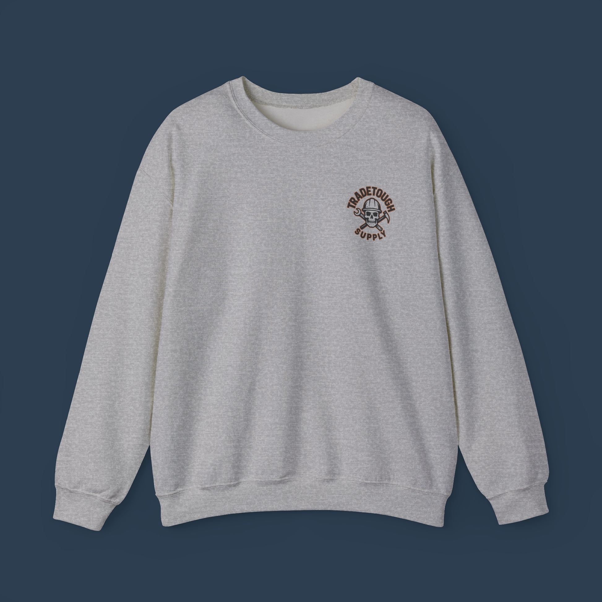 Flat lay of sport grey electrician crewneck with front TradeTough logo at left chest