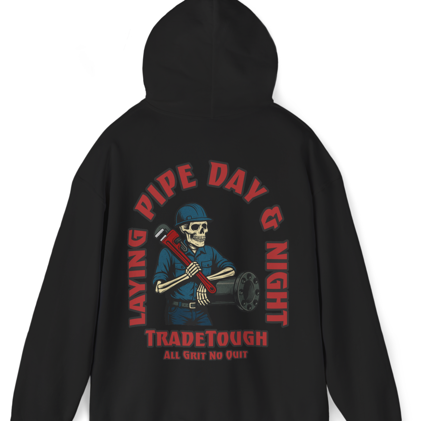 Black hoodie featuring bold skeleton pipefitter graphic and “Layin’ Pipe Day & Night” slogan