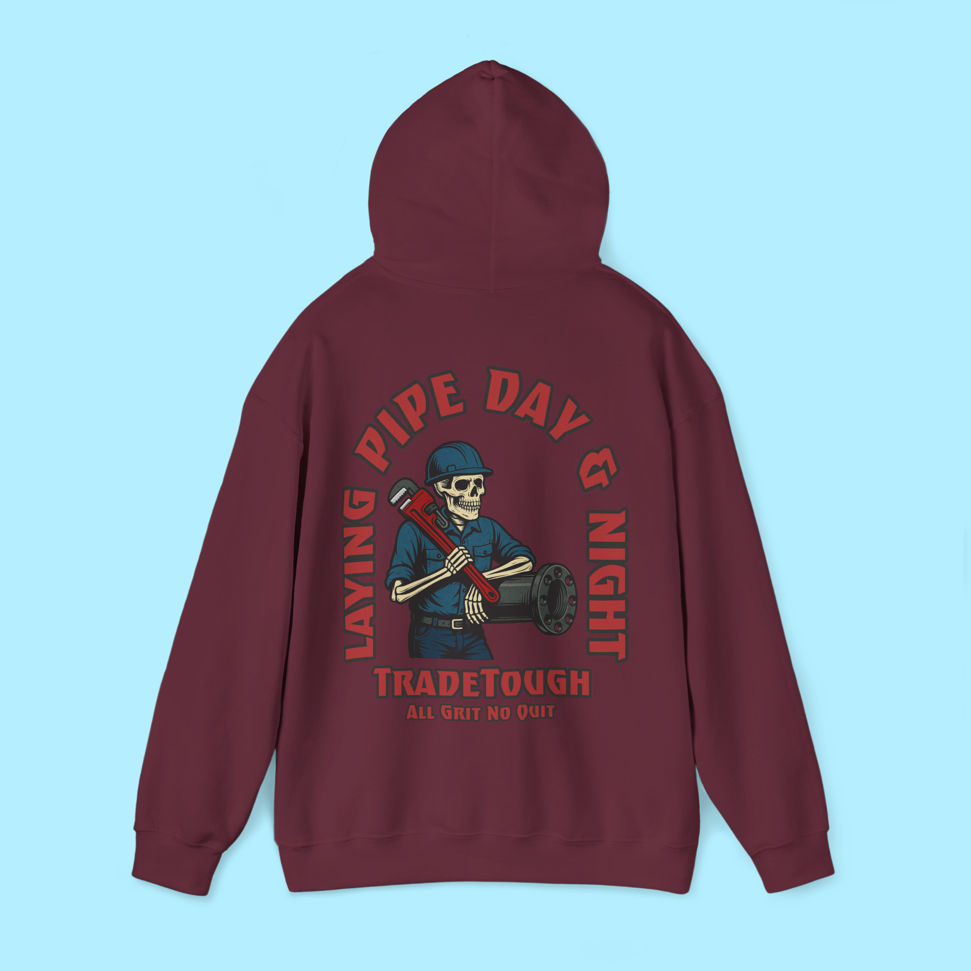 Full graphic on maroon hoodie showing skeleton pipefitter and Layin’ Pipe text arch