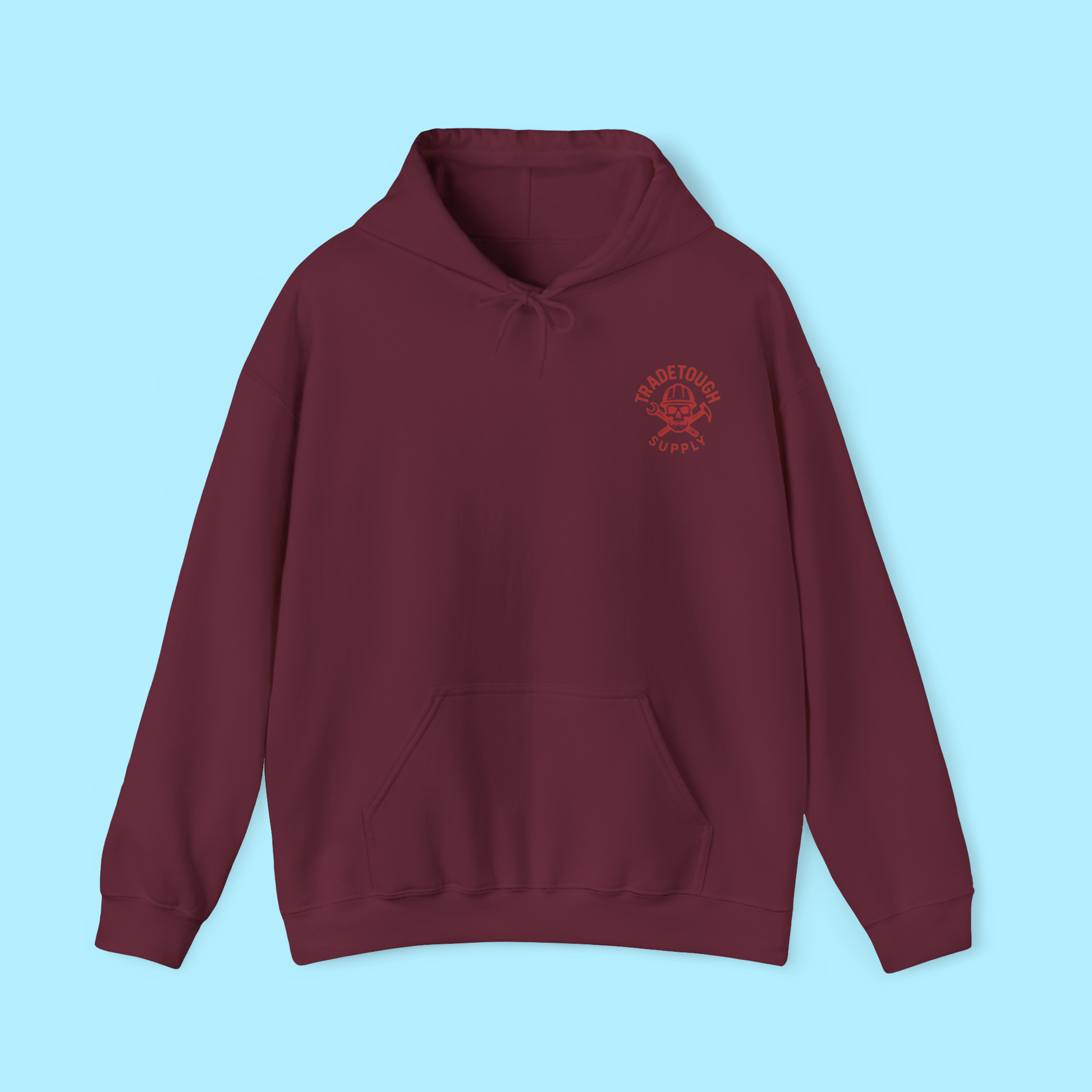 Flat lay of deep maroon hoodie with TradeTough front chest logo in rust red