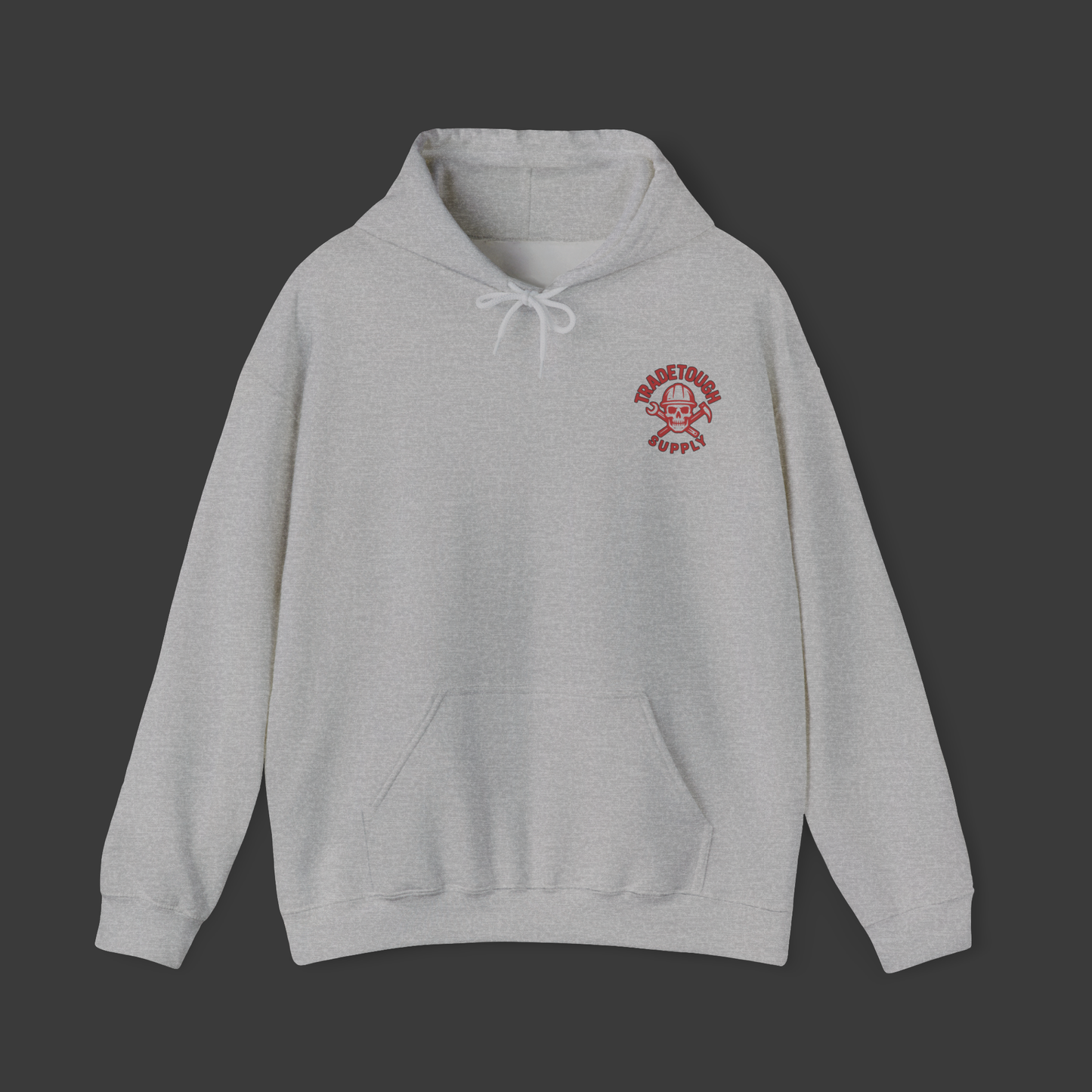 Flat lay of sport grey hoodie with minimal chest logo from TradeTough Supply