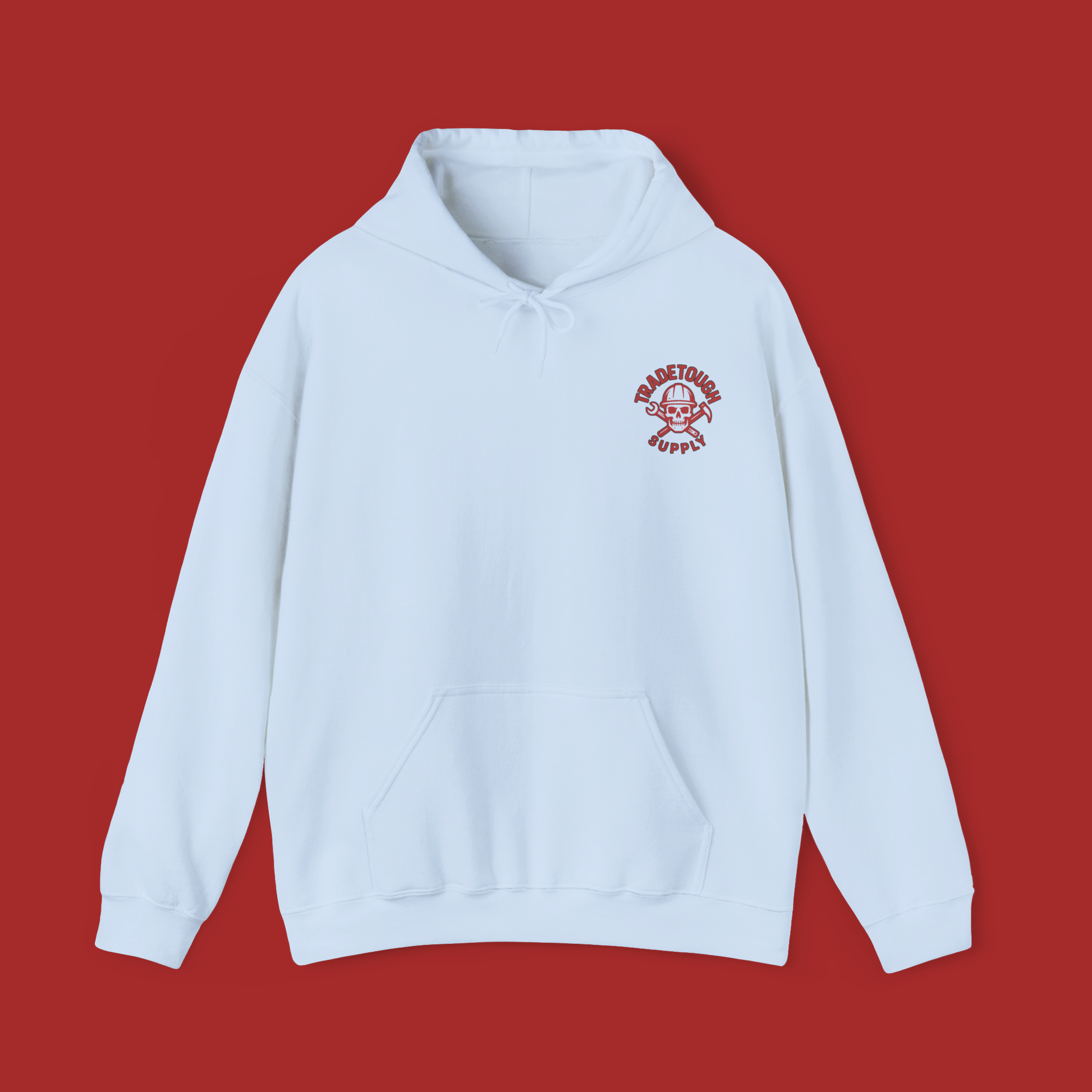 Light blue hoodie laid flat, featuring bold TradeTough logo over chest