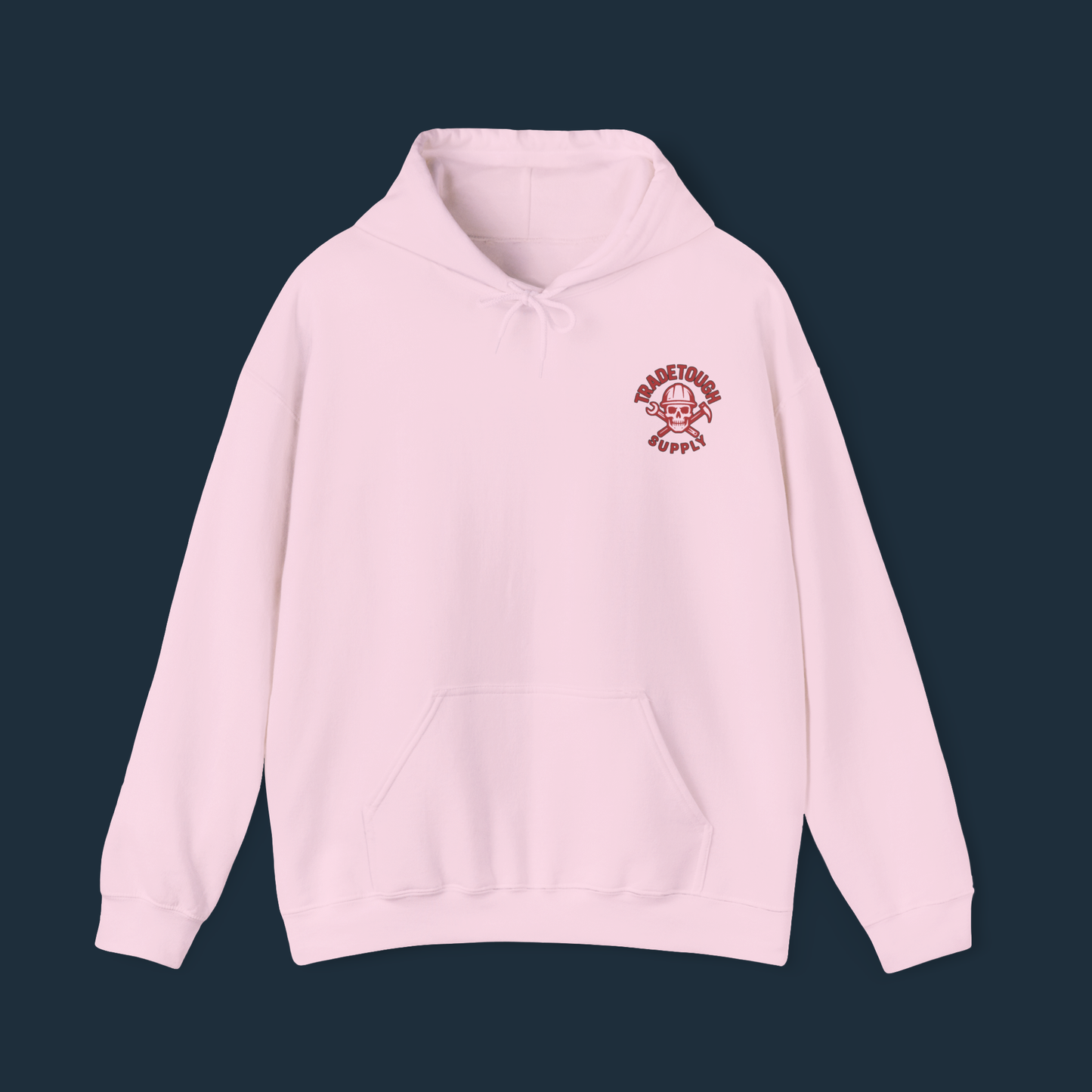 Light pink hoodie in flat lay view showing simple TradeTough logo on the chest