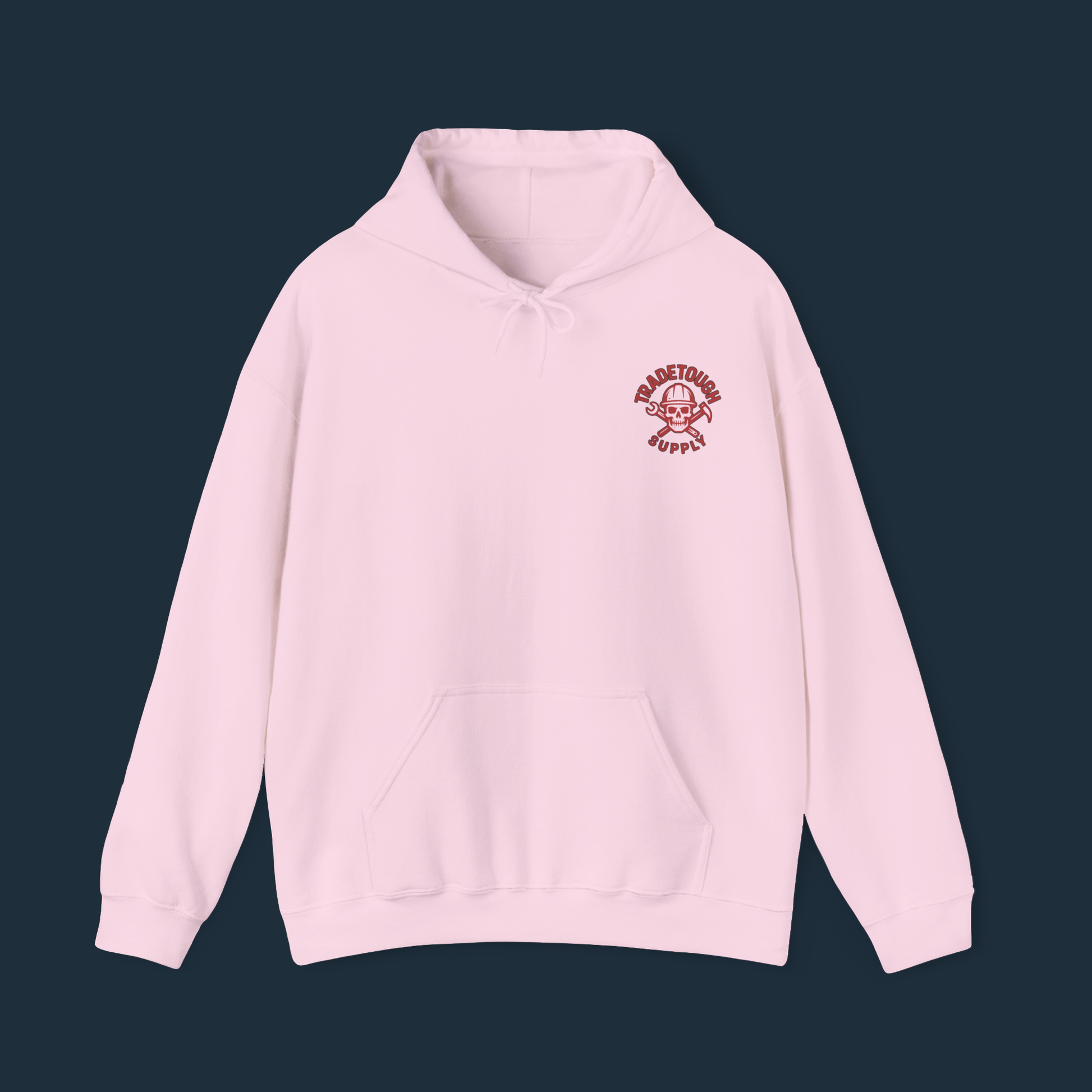 Light pink hoodie in flat lay view showing simple TradeTough logo on the chest