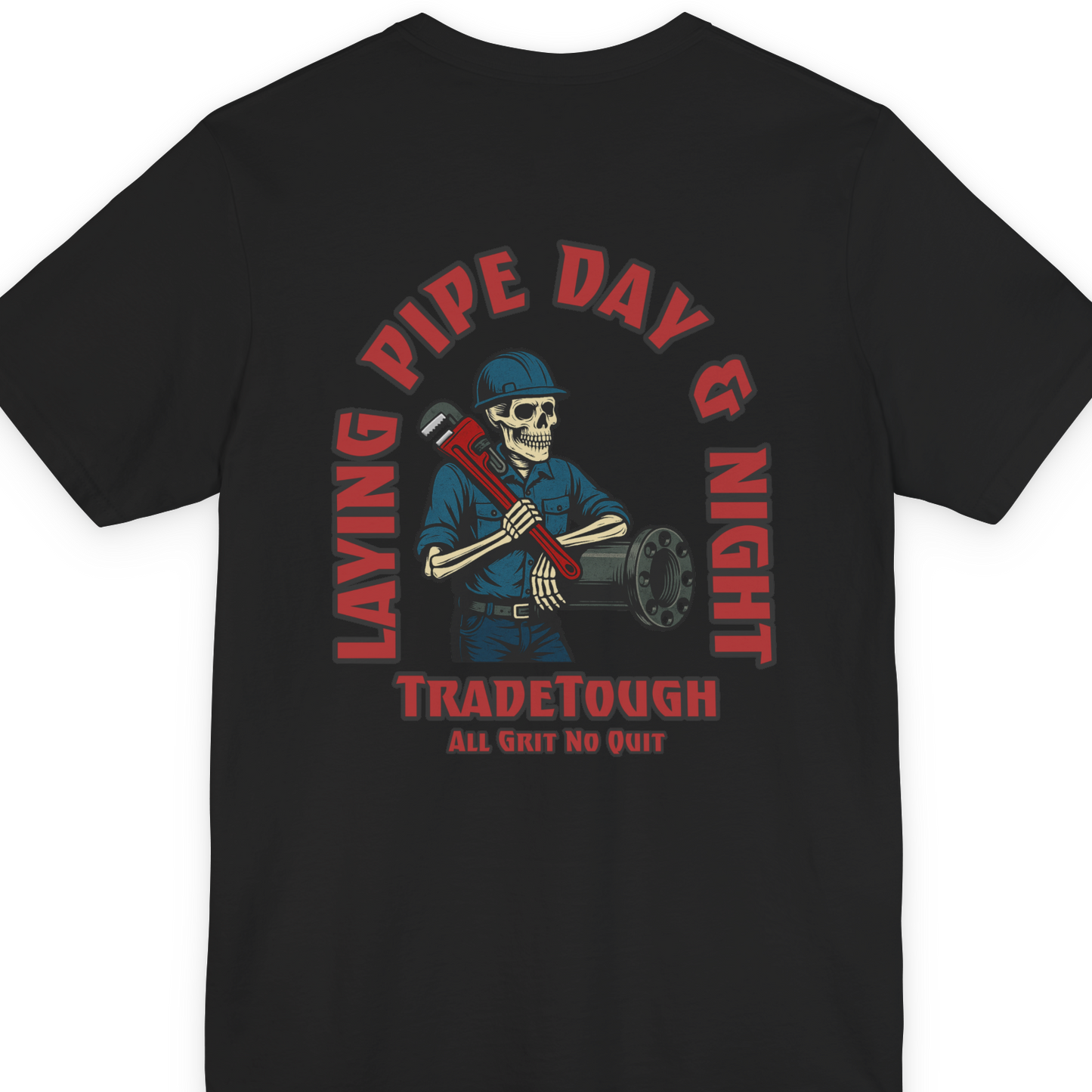 Layin’ Pipe Day & Night skeleton graphic on black shirt with red wrench and bold arch