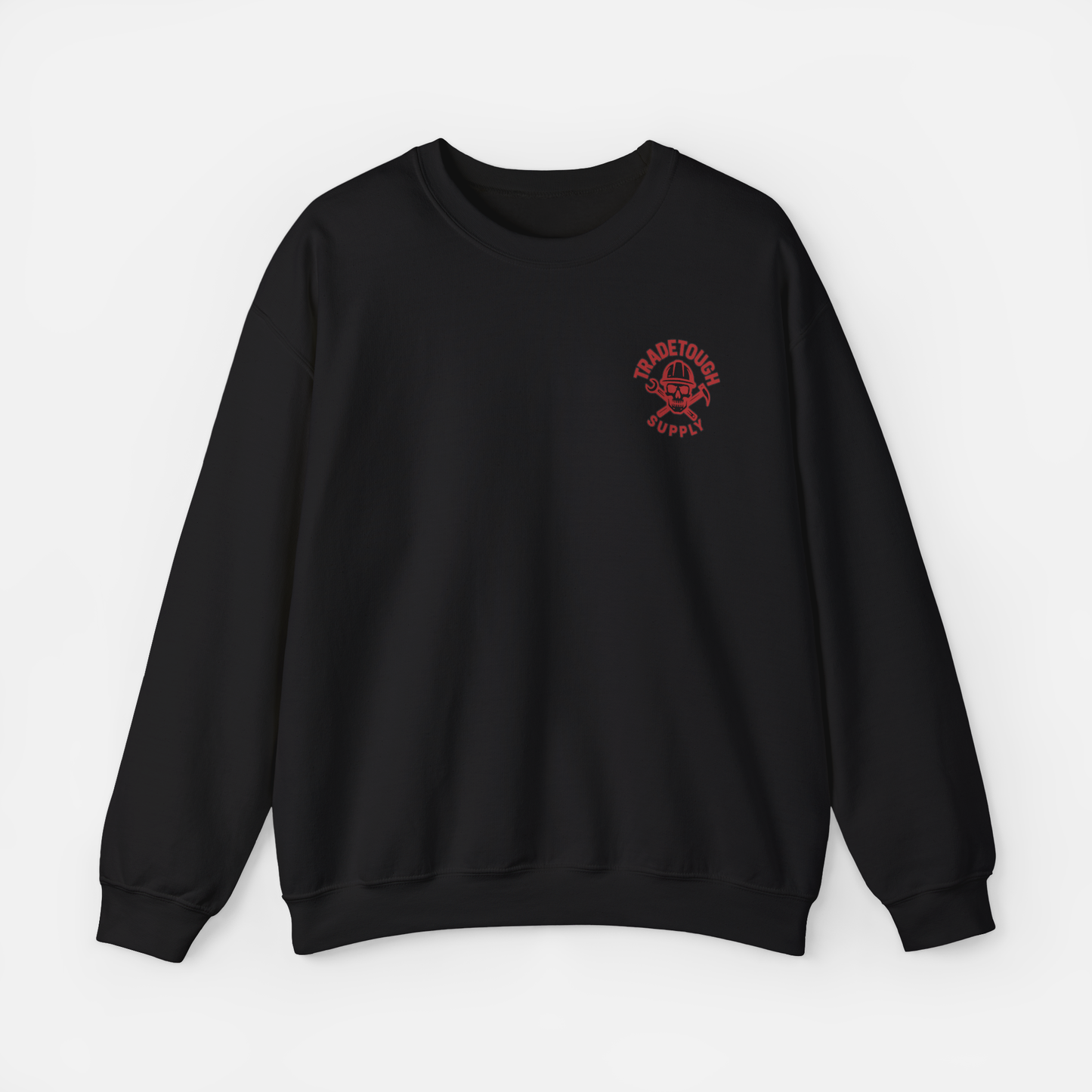 Black crewneck laid flat with TradeTough chest logo, clean and tough