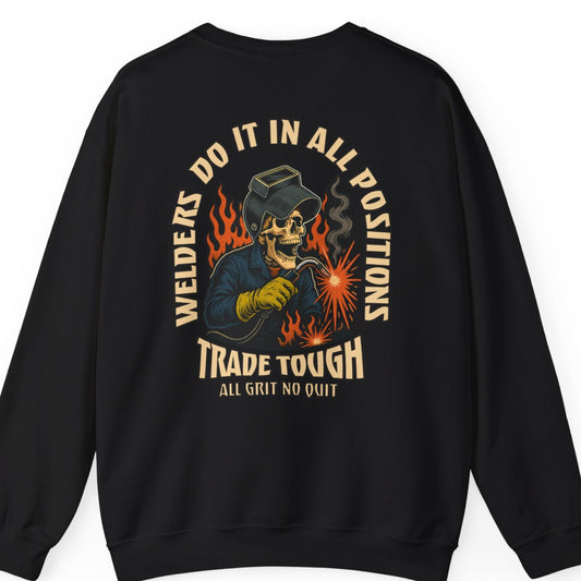 Back view of a crewneck featuring a bold skeleton welder graphic with flames and sparks

