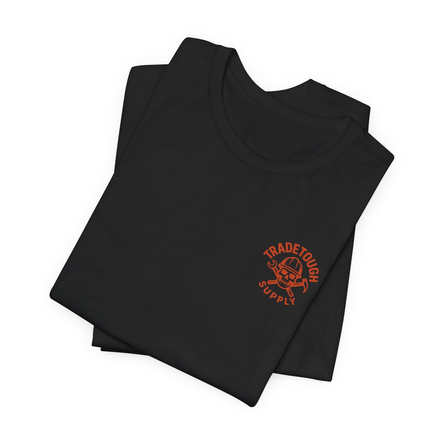 Black t-shirt with a red logo on a white background