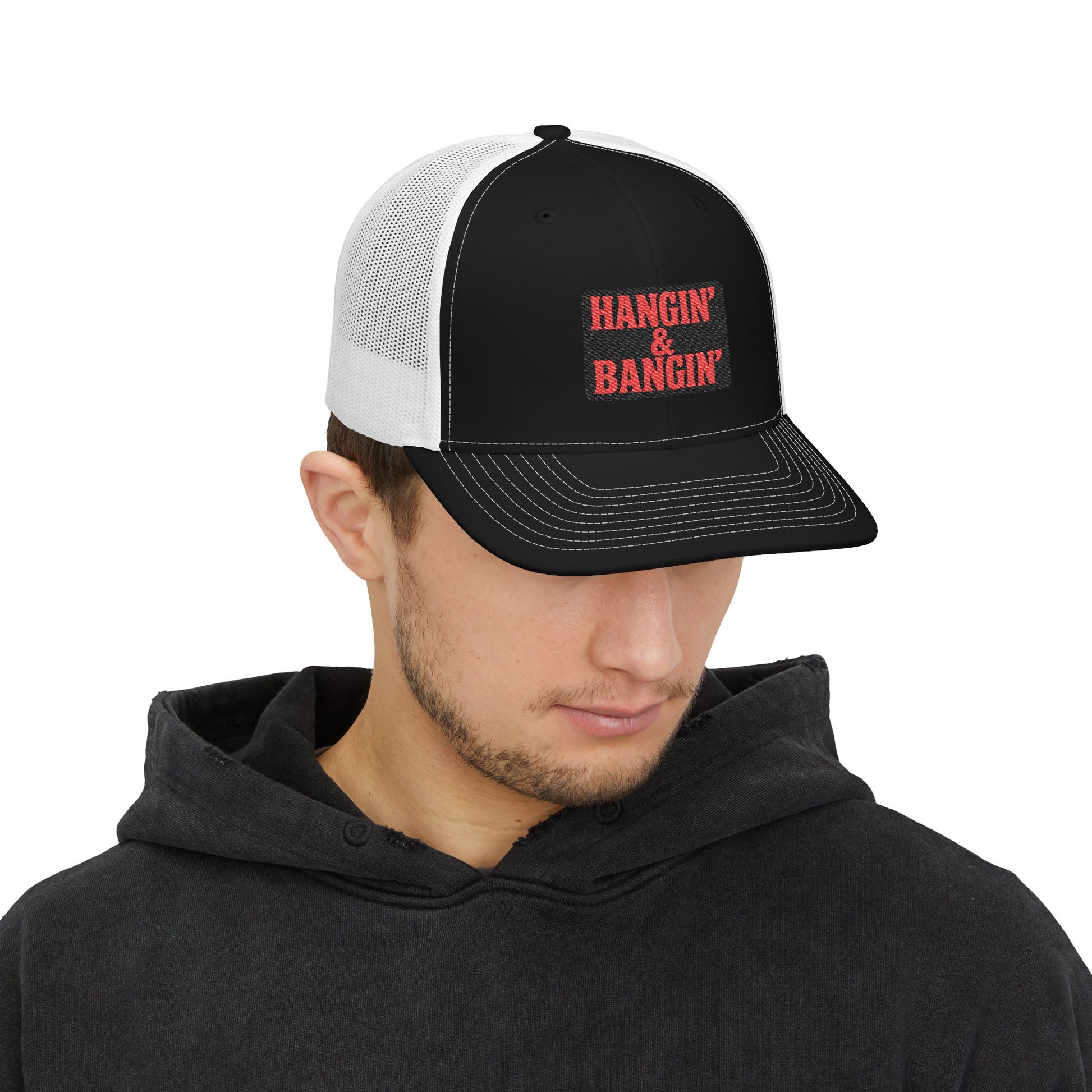 Gritty tradesman trucker hat – red patch on structured front Richardson 112 cap with curved brim