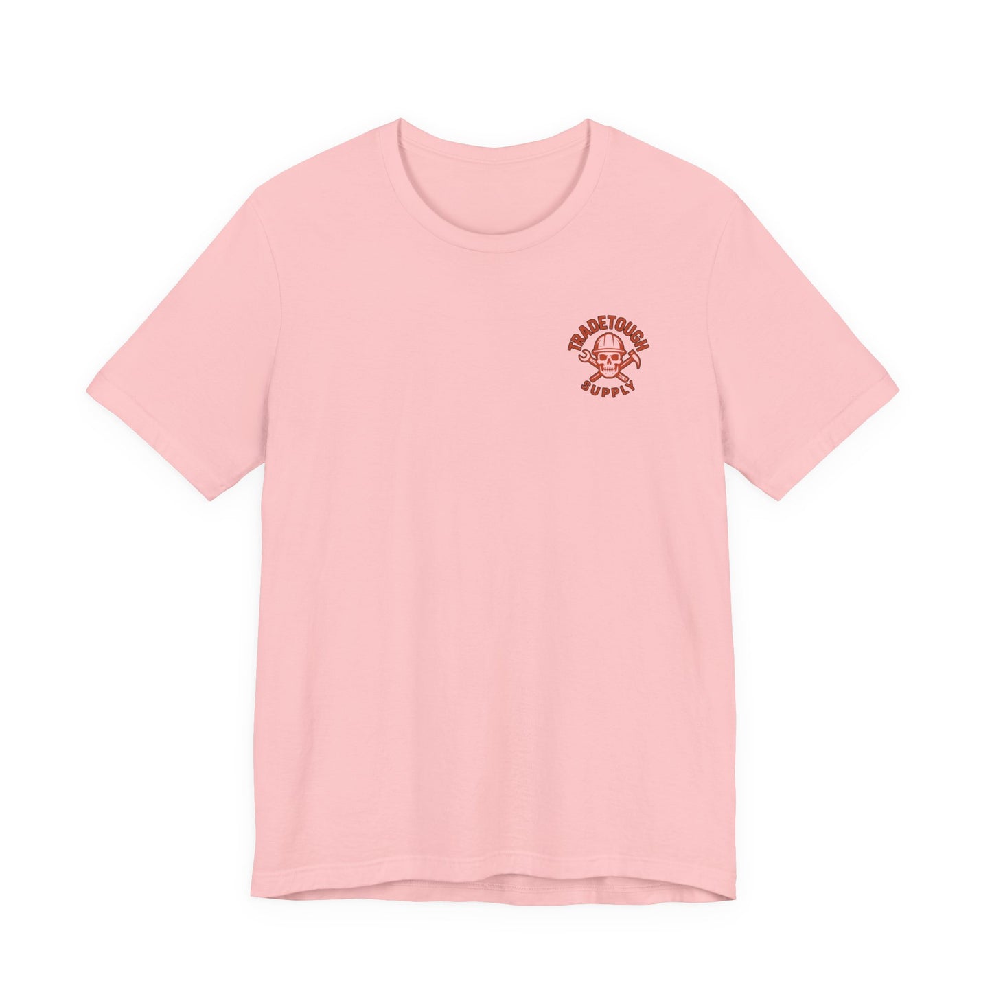Pink t-shirt with a small logo on the chest against a white background